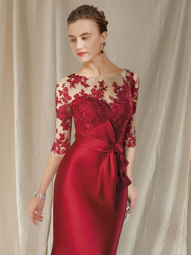 Wholesale Mermaid / Trumpet Mother of the Bride Dress Plus Size Elegant Jewel Neck Floor Length Satin Lace Half Sleeve with Bow(s) Appliques