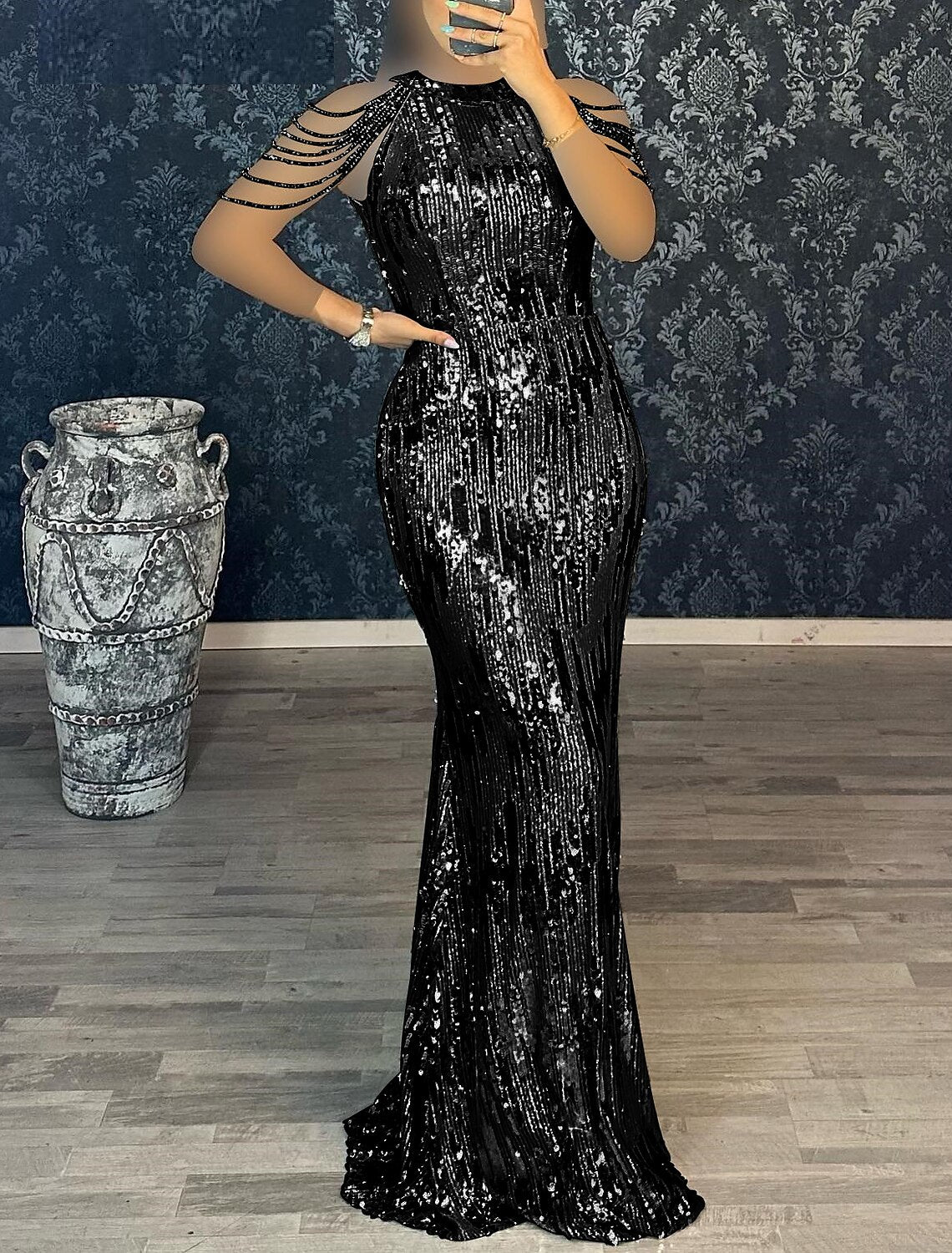 Wholesale Mermaid Evening Black Dress 1920s Dress Masquerade Black Tie Floor Length Short Sleeve Jewel Neck Black Dress Sequined with Fringe Tassel