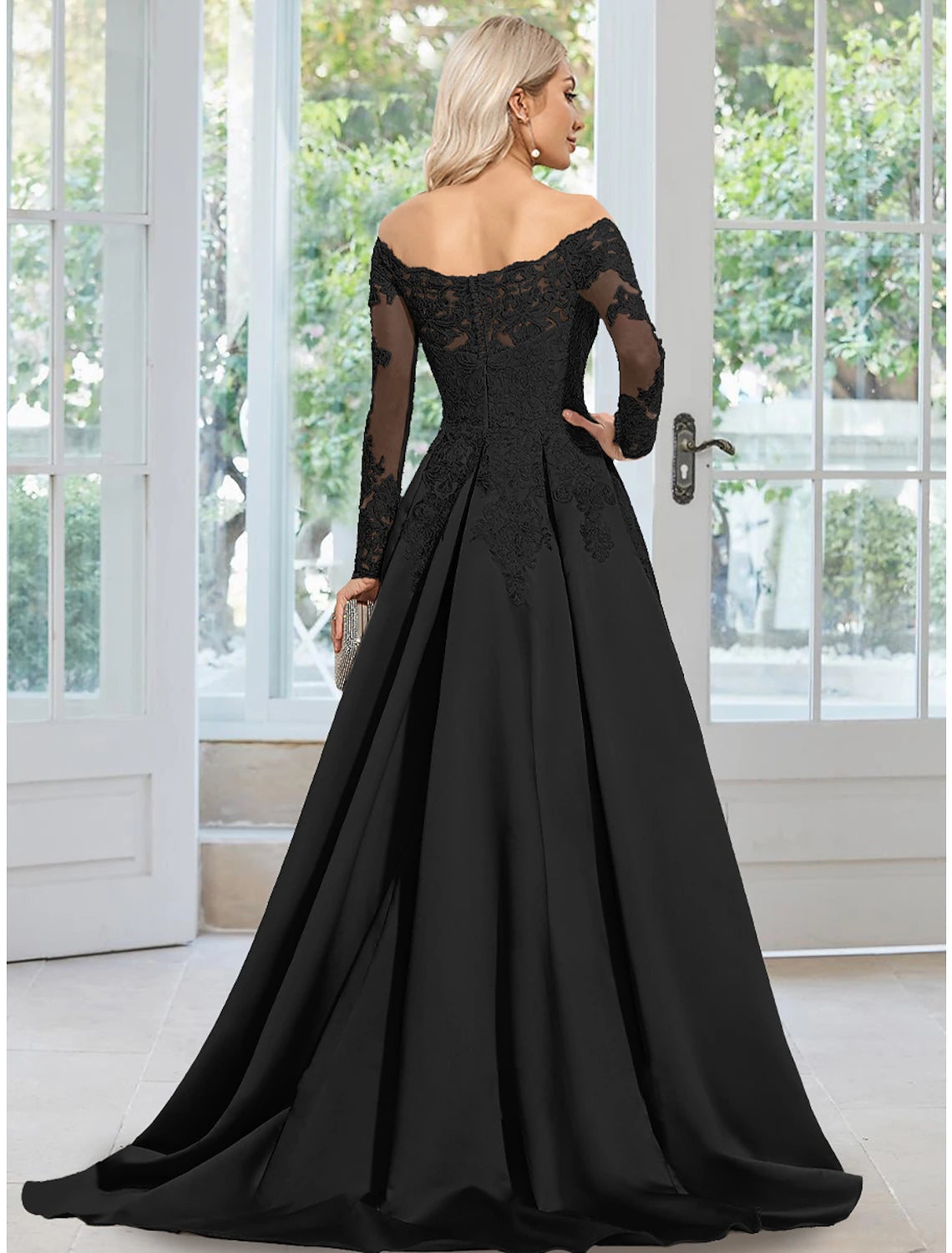 Wholesale A-Line Evening Gown Floral Dress Formal Wedding Guest Court Train Long Sleeve Off Shoulder Satin with Appliques