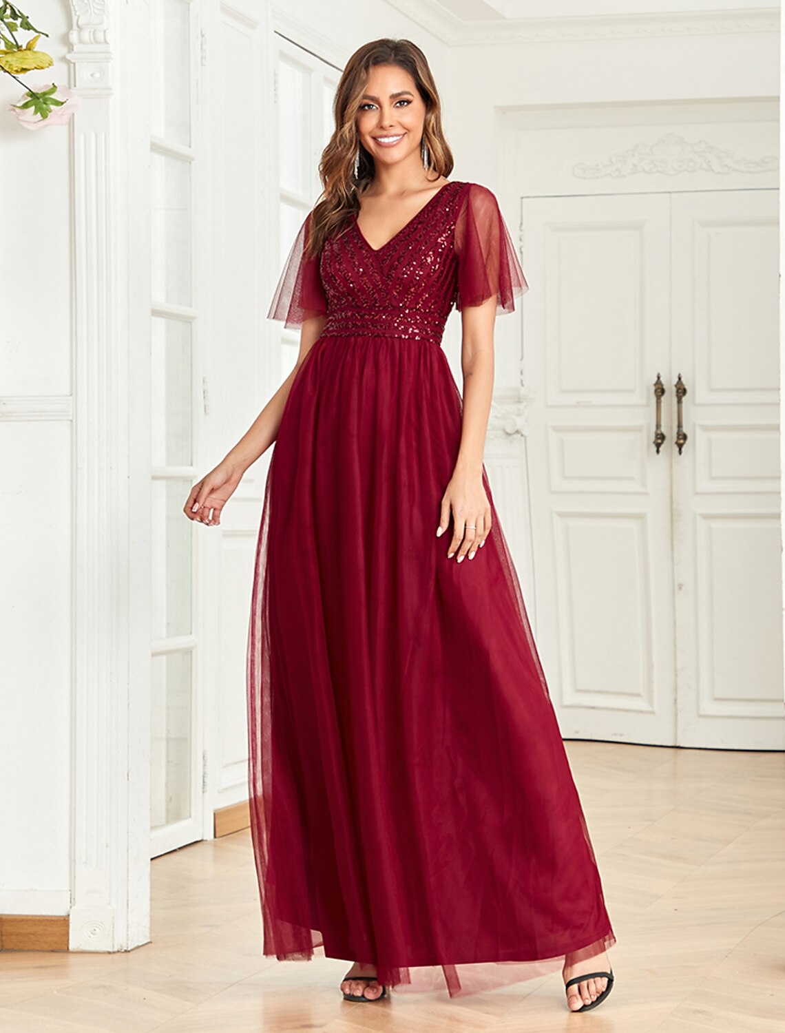 Wholesale A-Line Party Dresses Empire Dress Party Wear Wedding Party Floor Length Short Sleeve V Neck Tulle V Back with Glitter Sequin