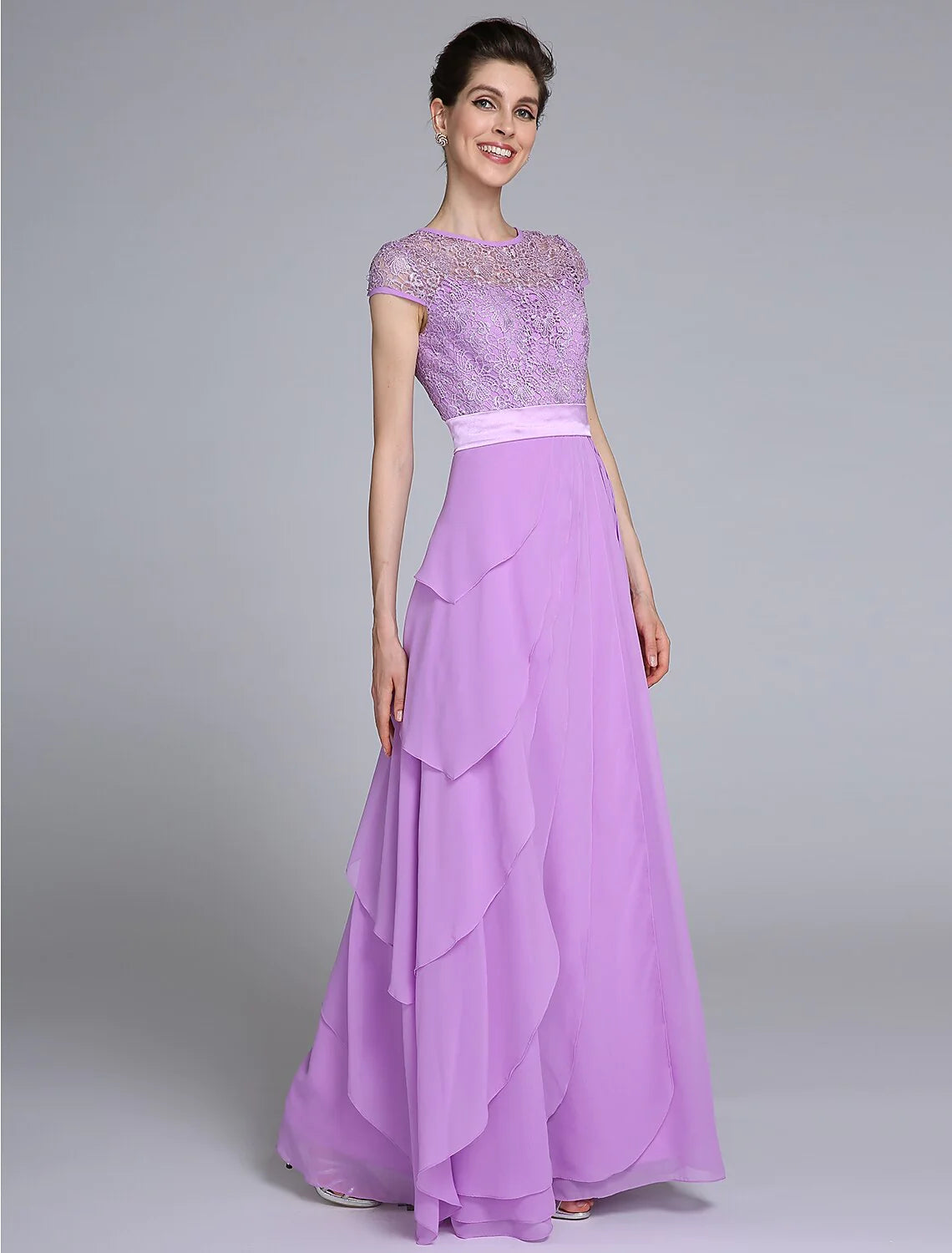Wholesale Sheath / Column Mother of the Bride Dress See Through Jewel Neck Floor Length Chiffon Short Sleeve No with Lace