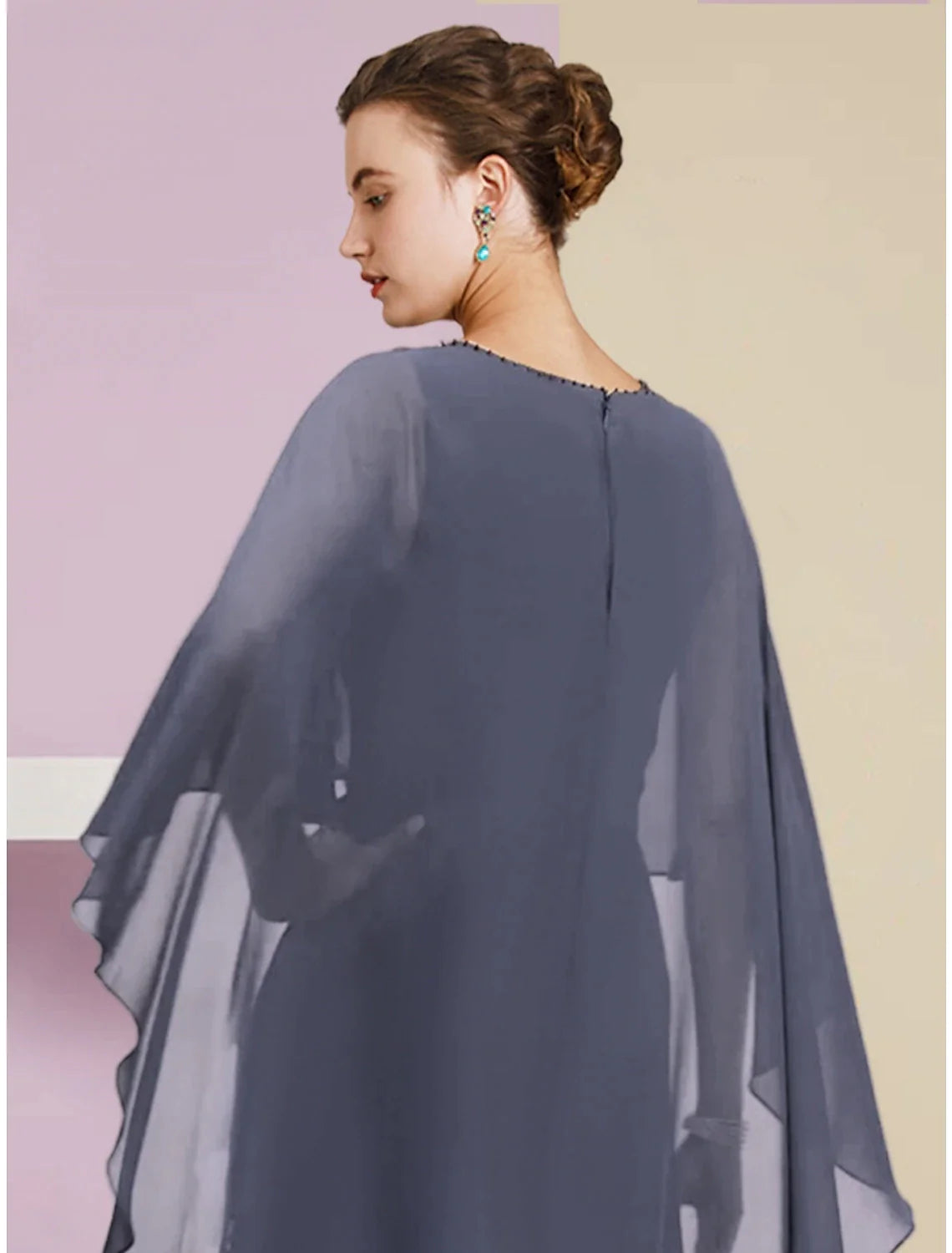 Wholesale Sheath / Column Mother of the Bride Dress Wedding Guest Elegant Jewel Neck Floor Length Chiffon Half Sleeve with Sequin Tier Solid Color