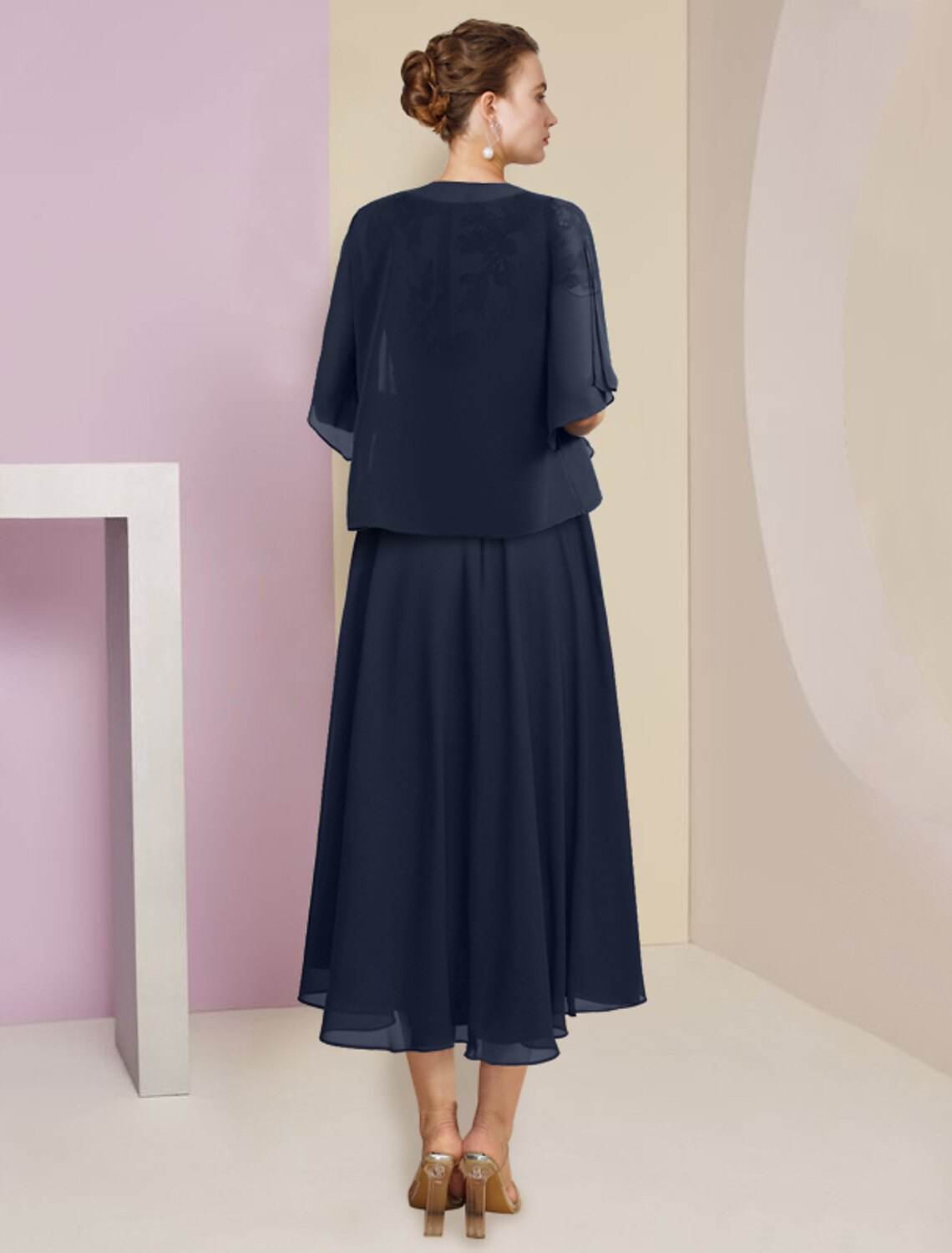 Wholesale  Two Piece A-Line Mother of the Bride Dress Formal Wedding Guest Elegant Scoop Neck Tea Length Chiffon Lace Short Sleeve Fall Wrap Included with Pleats Sequin Appliques