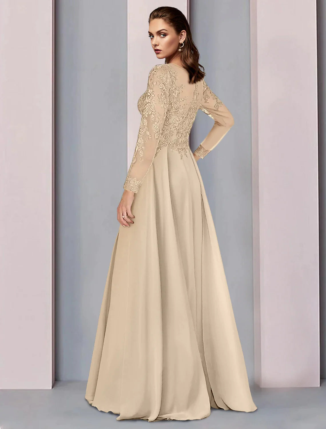 Wholesale A-Line Mother of the Bride Dress Wedding Guest Party Elegant Scoop Neck Floor Length Chiffon Half Sleeve with Lace Ruching
