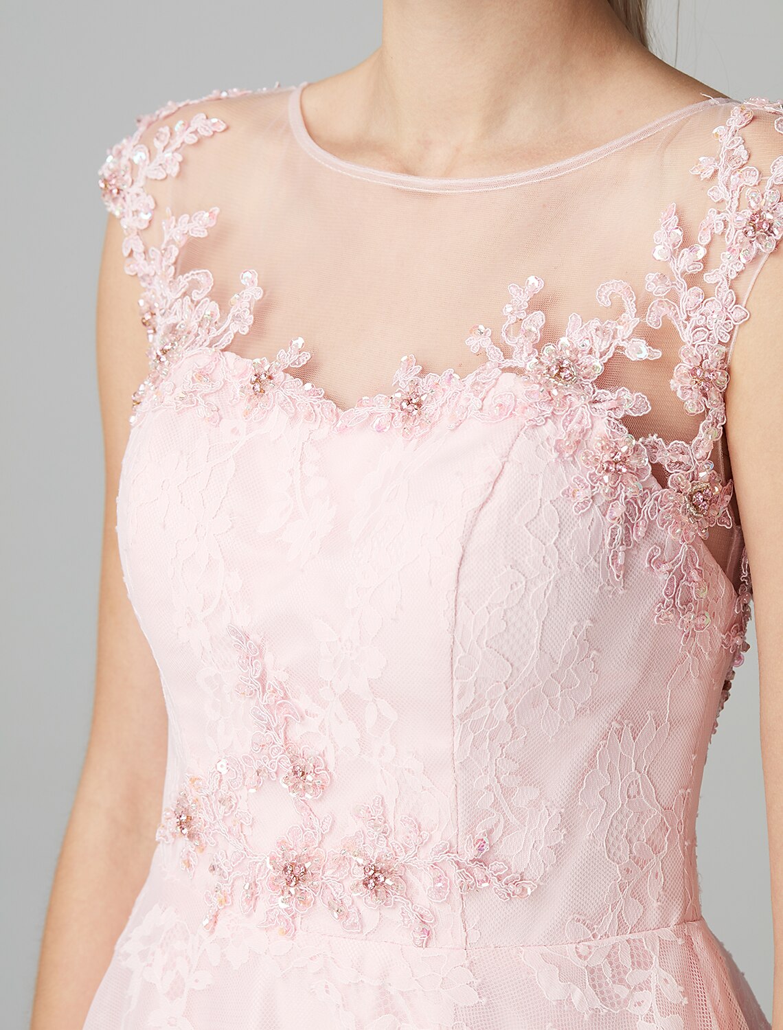 Wholesale  A-Line Prom Dresses Floral Dress Evening Party Wedding Guest Ankle Length Short Sleeve Illusion Neck Lace Zipper with Appliques