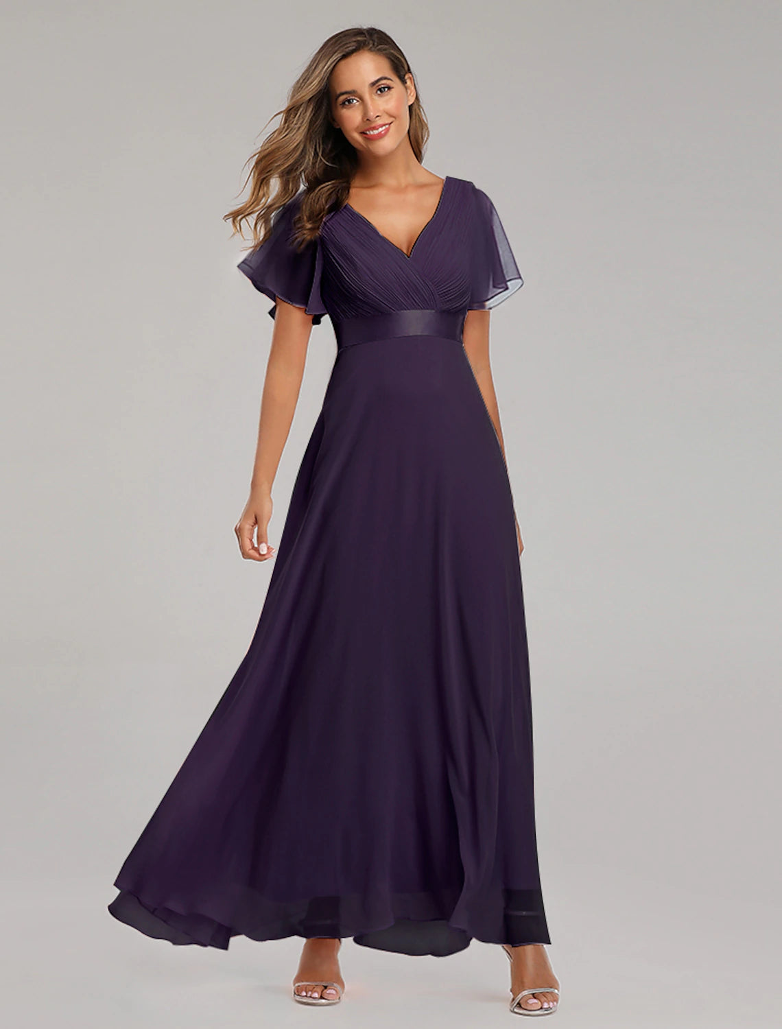 Wholesale A-Line Prom Dresses Maxi Dress Fall Wedding Guest Dress For Bridesmaid Floor Length Short Sleeve V Neck Chiffon V Back with Ruched