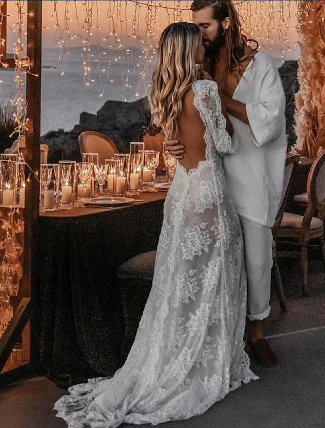 Wholesale Beach Sexy Boho Wedding Dresses A-Line V Neck Long Sleeve Sweep / Brush Train Lace Bridal Gowns With Appliques Split Front