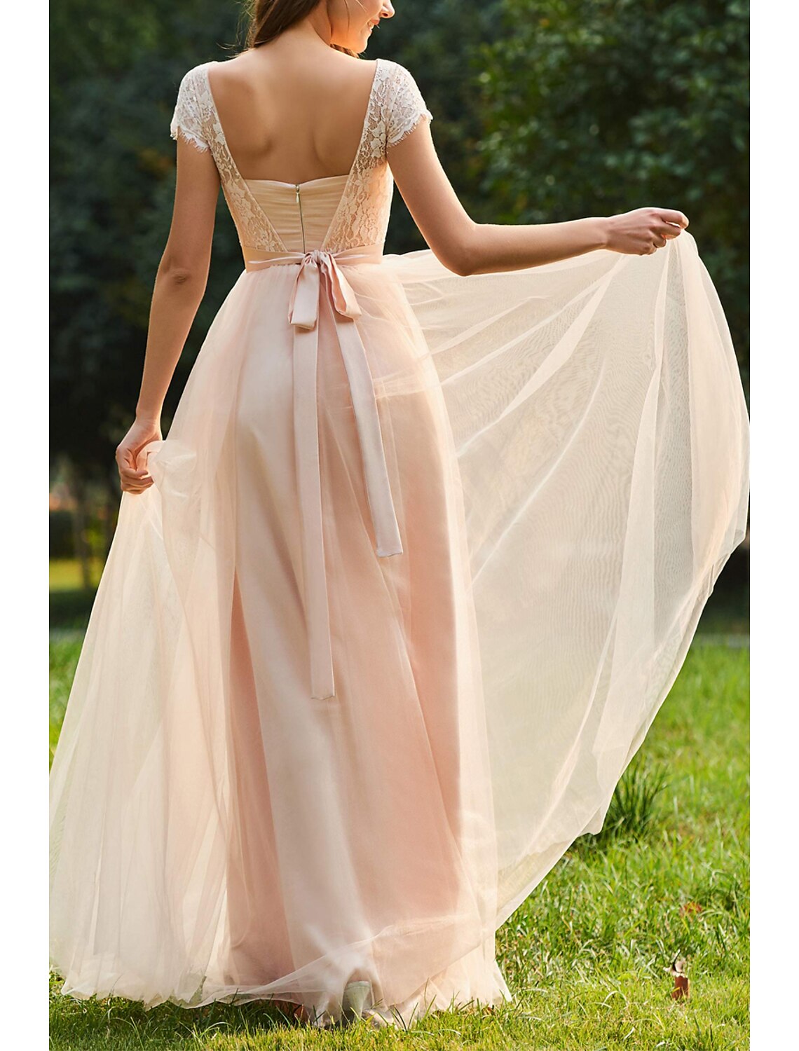 Wholesale A-Line Bridesmaid Dress Jewel Neck Short Sleeve Elegant Floor Length Chiffon / Lace with Lace / Pleats