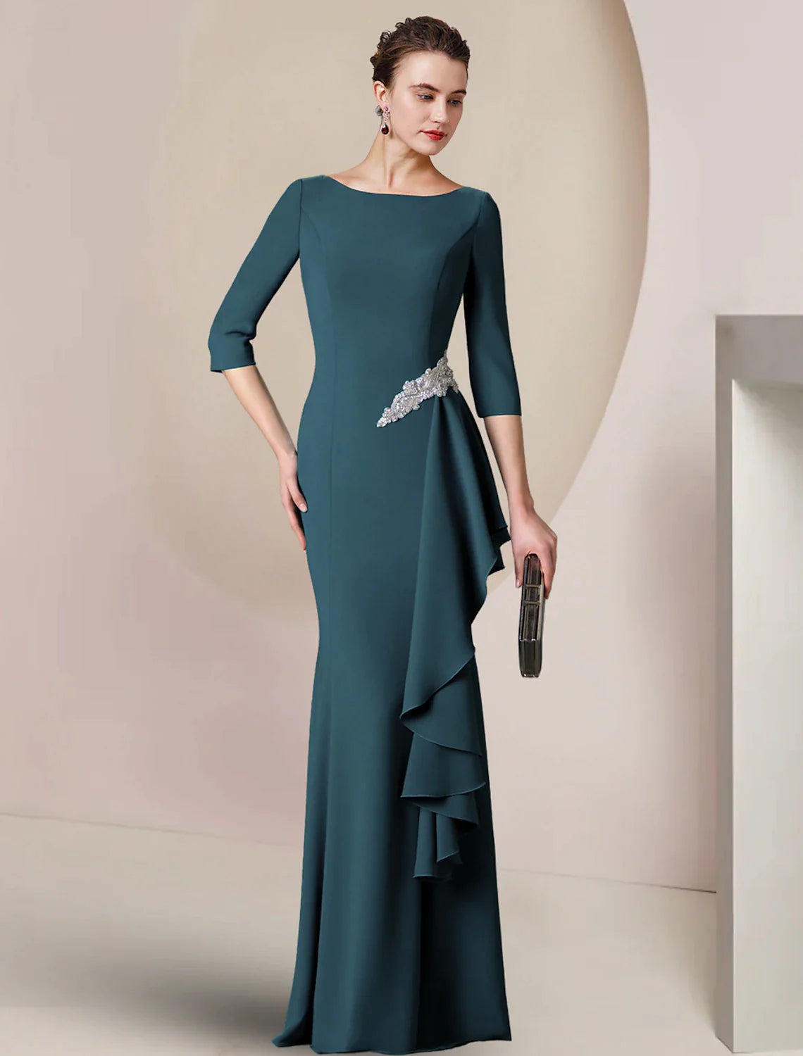 Wholesale Sheath / Column Mother of the Bride Dress Wedding Guest Party Elegant Scoop Neck Floor Length Stretch Fabric 3/4 Length Sleeve with Crystal Brooch Ruching