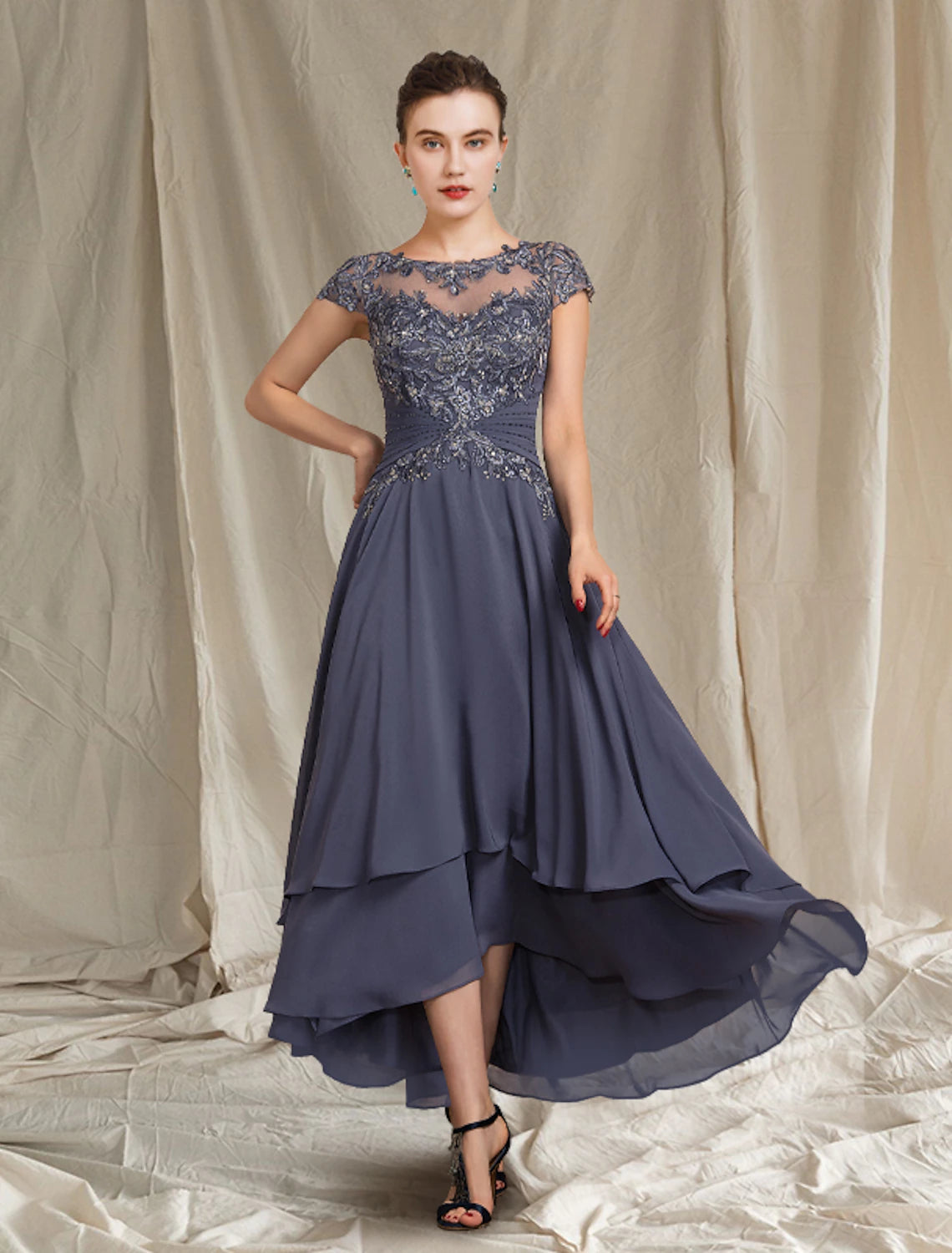 Wholesale  Two Piece A-Line Mother of the Bride Dress Formal Wedding Guest Elegant Scoop Neck Asymmetrical Tea Length Chiffon Lace Short Sleeve Wrap Included with Beading Appliques