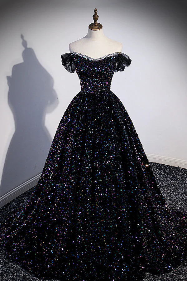 Wholesale Black Off the Shoulder Beaded Long Formal Dress Black Shiny Sequins Evening Dress