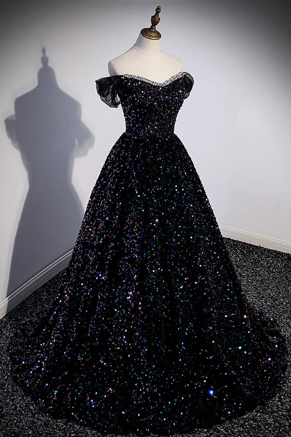 Wholesale Black Off the Shoulder Beaded Long Formal Dress Black Shiny Sequins Evening Dress