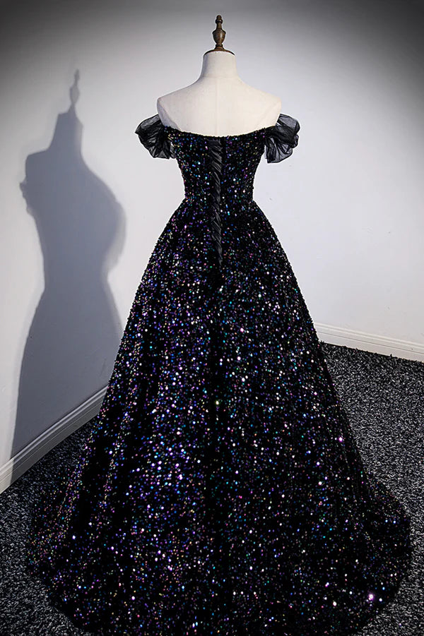 Wholesale Black Off the Shoulder Beaded Long Formal Dress Black Shiny Sequins Evening Dress