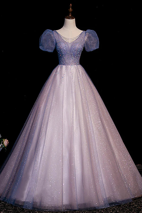 Wholesale A-Line Tulle Long Prom Dress with Beaded Blue Short Sleeve Evening Dress