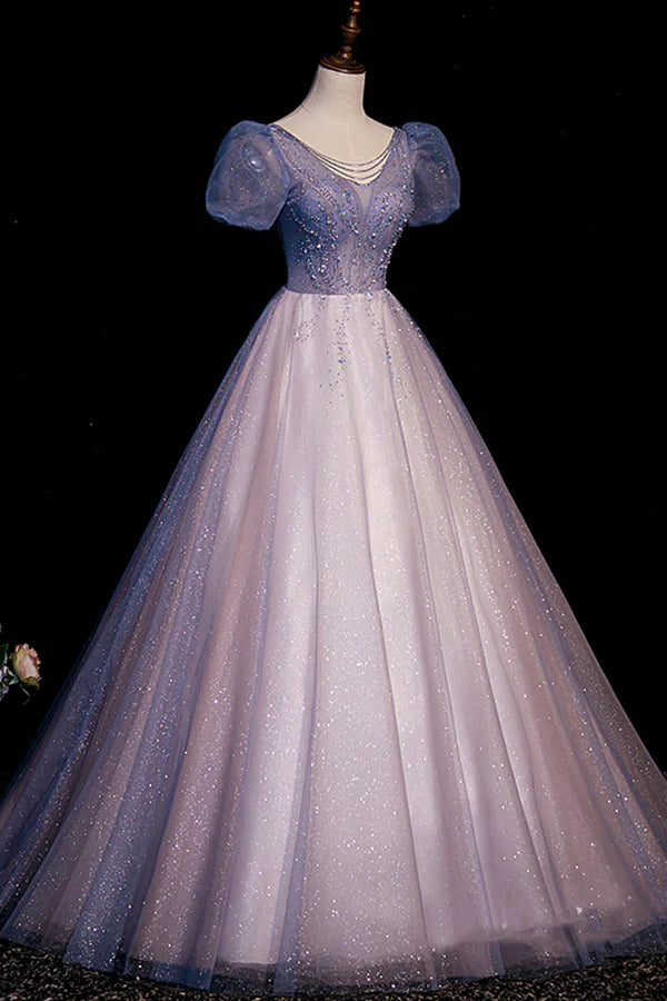 Wholesale A-Line Tulle Long Prom Dress with Beaded Blue Short Sleeve Evening Dress