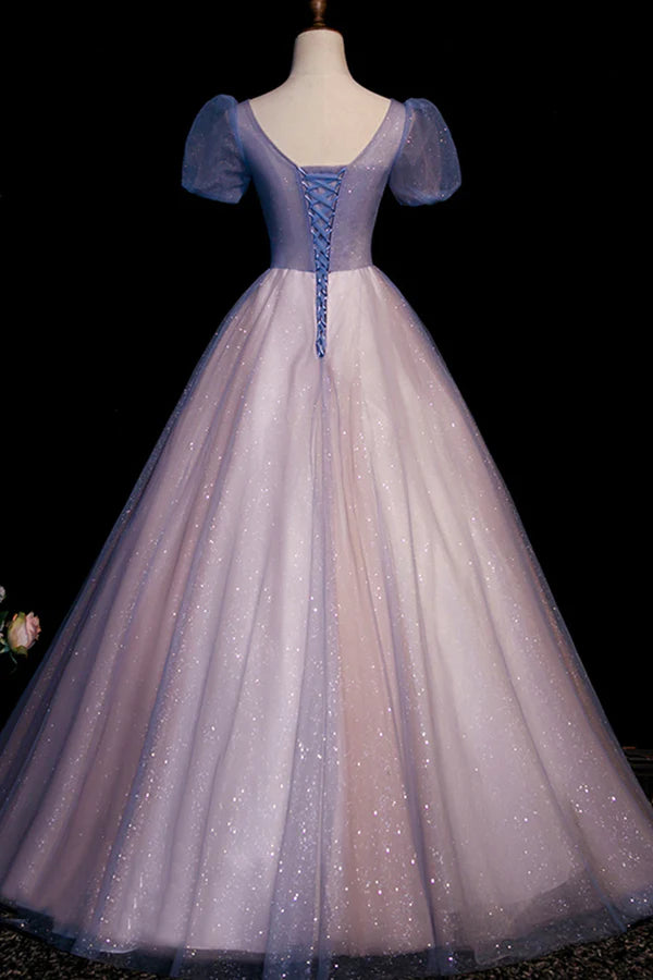 Wholesale A-Line Tulle Long Prom Dress with Beaded Blue Short Sleeve Evening Dress