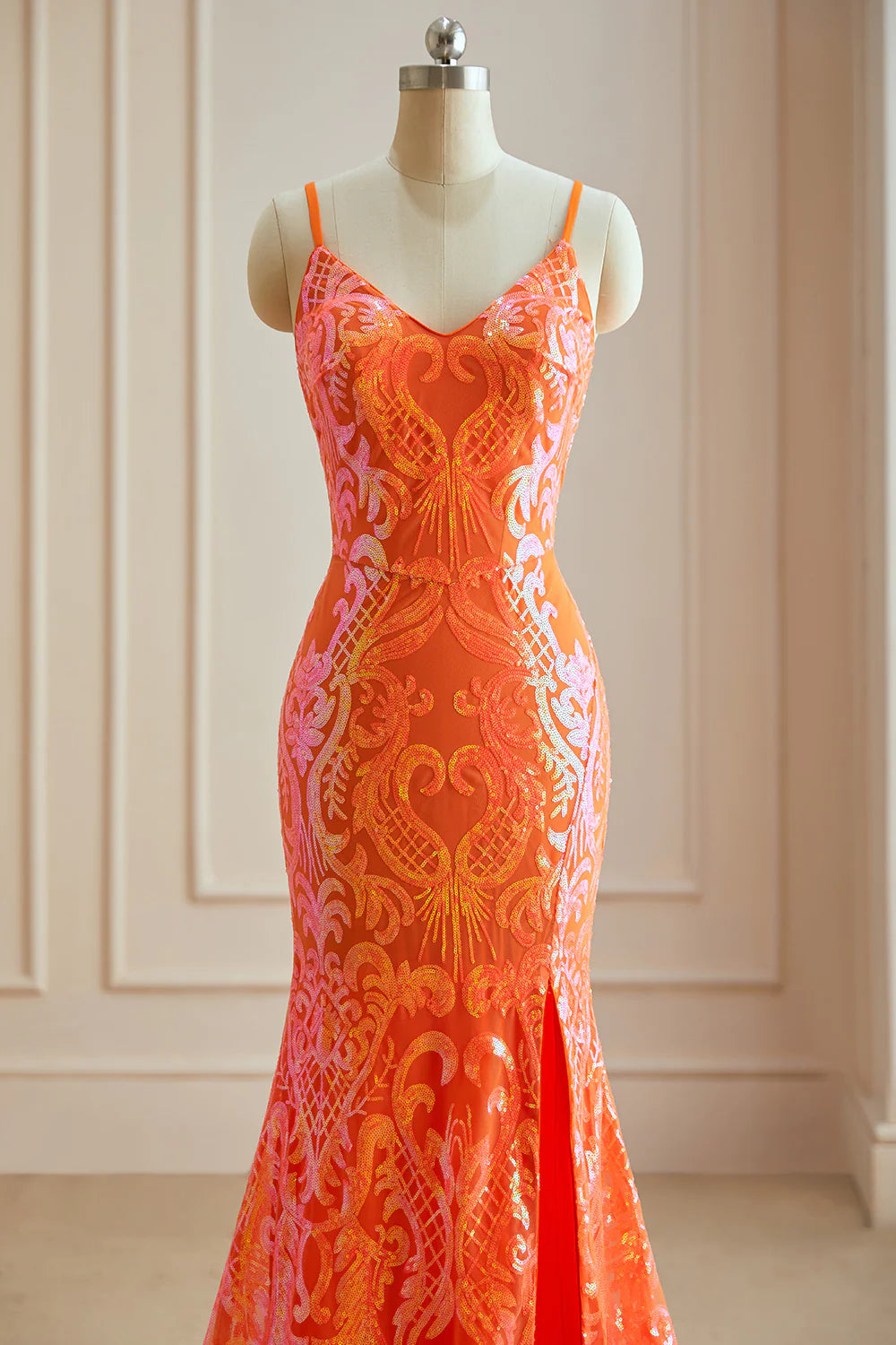 Wholesale Excellent Orange Mermaid Spaghetti Straps Sequins Split Prom Dress