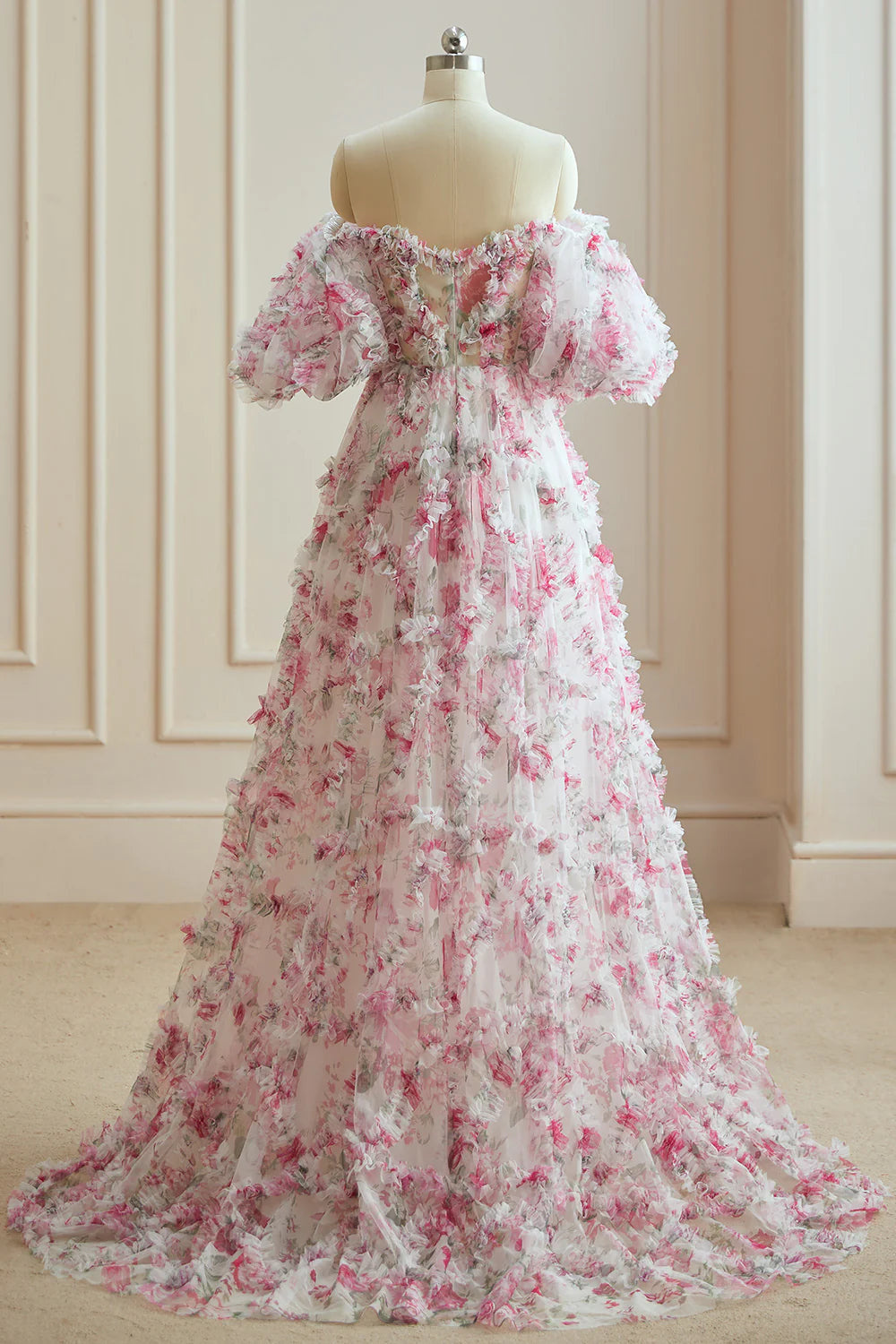 Wholesale A Line Sweetheart Ruffles Sweep Train Floral Printed Chiffon Prom Dresses