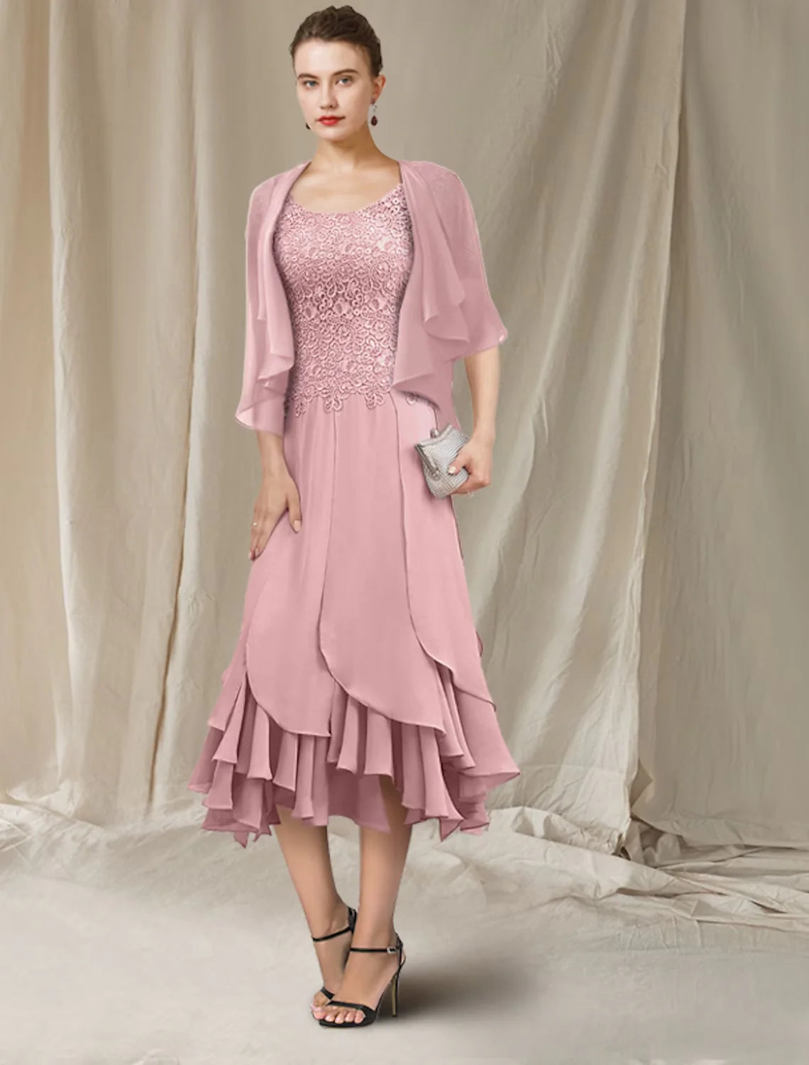 Wholesale Mermaid / Trumpet Mother of the Bride Dress Elegant High Low Jewel Neck Asymmetrical Tea Length Chiffon Lace Short Sleeve Wrap Included with Lace Ruffles