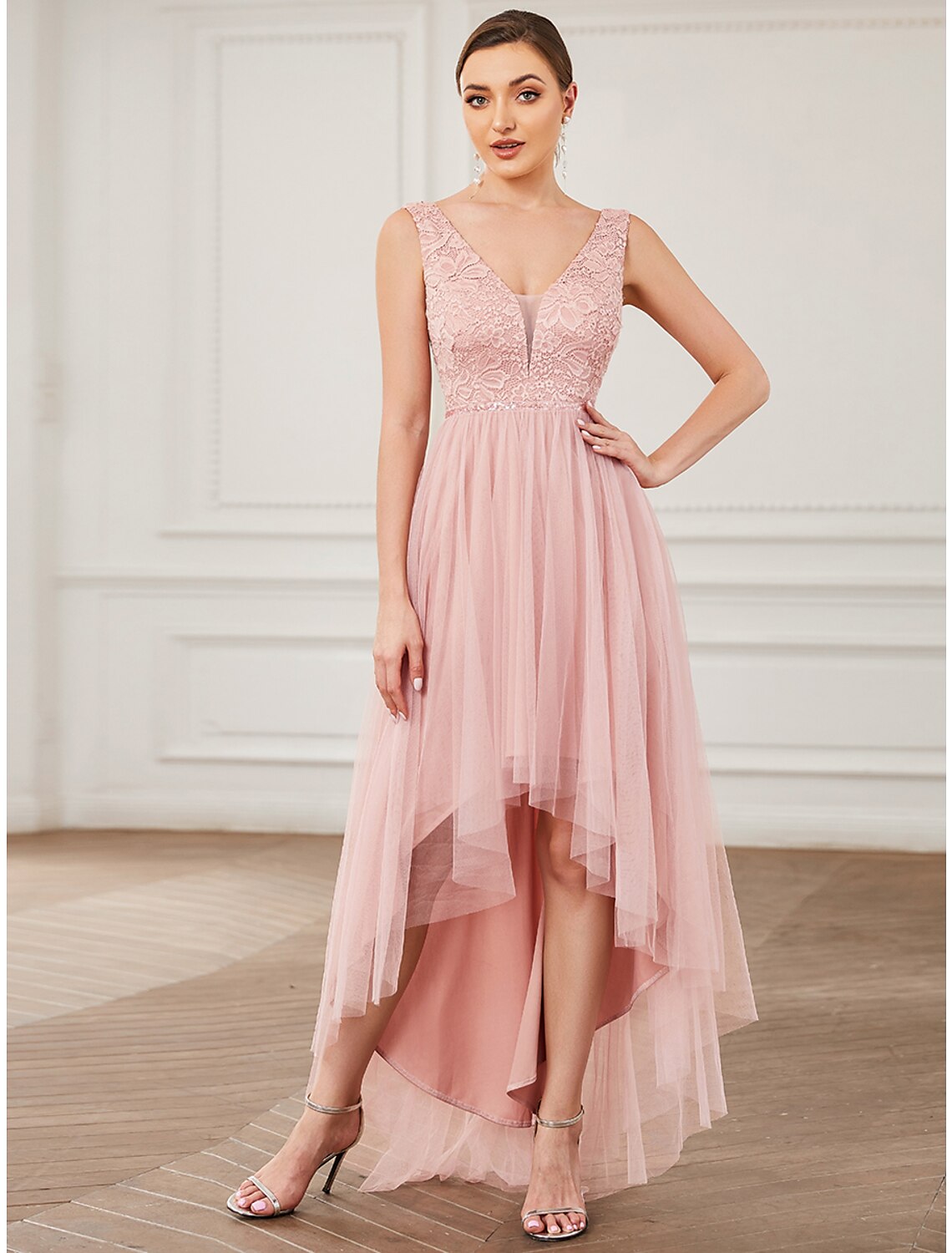 Wholesale  A-Line Bridesmaid Dress V Neck Sleeveless Elegant Short / Mini Lace / Tulle with Draping / Ruching