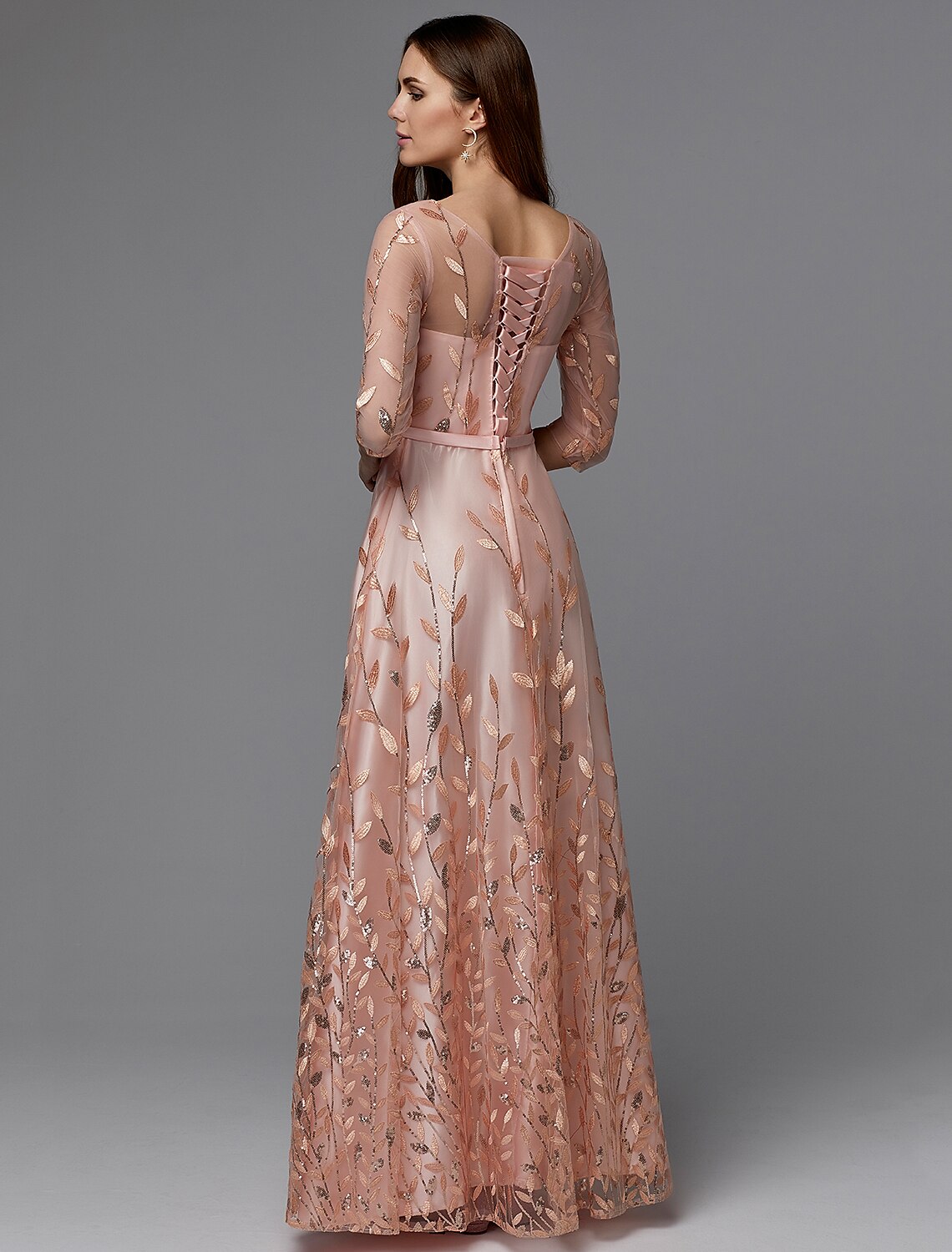 Wholesale  A-Line Floral Dress Wedding Guest Prom Floor Length 3/4 Length Sleeve Illusion Neck Bridesmaid Dress Lace with Pattern / Print Appliques