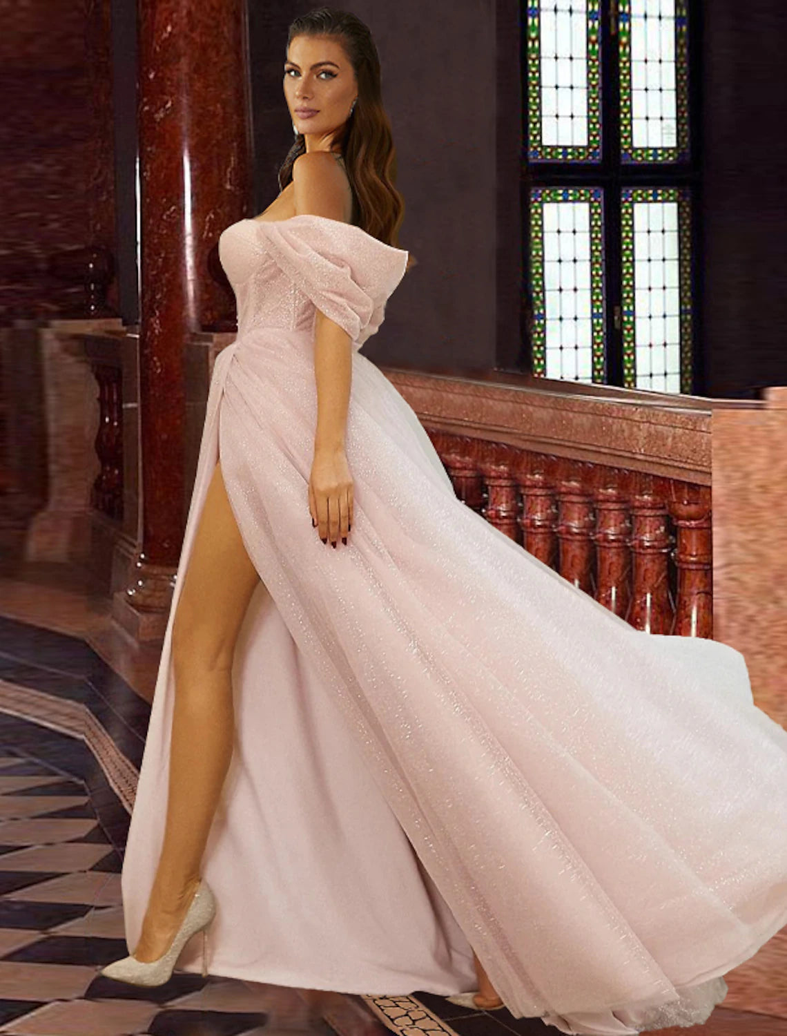 Wholesale  A-Line Prom Dresses Corsets Dress Prom Birthday Sweep / Brush Train Short Sleeve Off Shoulder Tulle with Glitter Pleats Slit