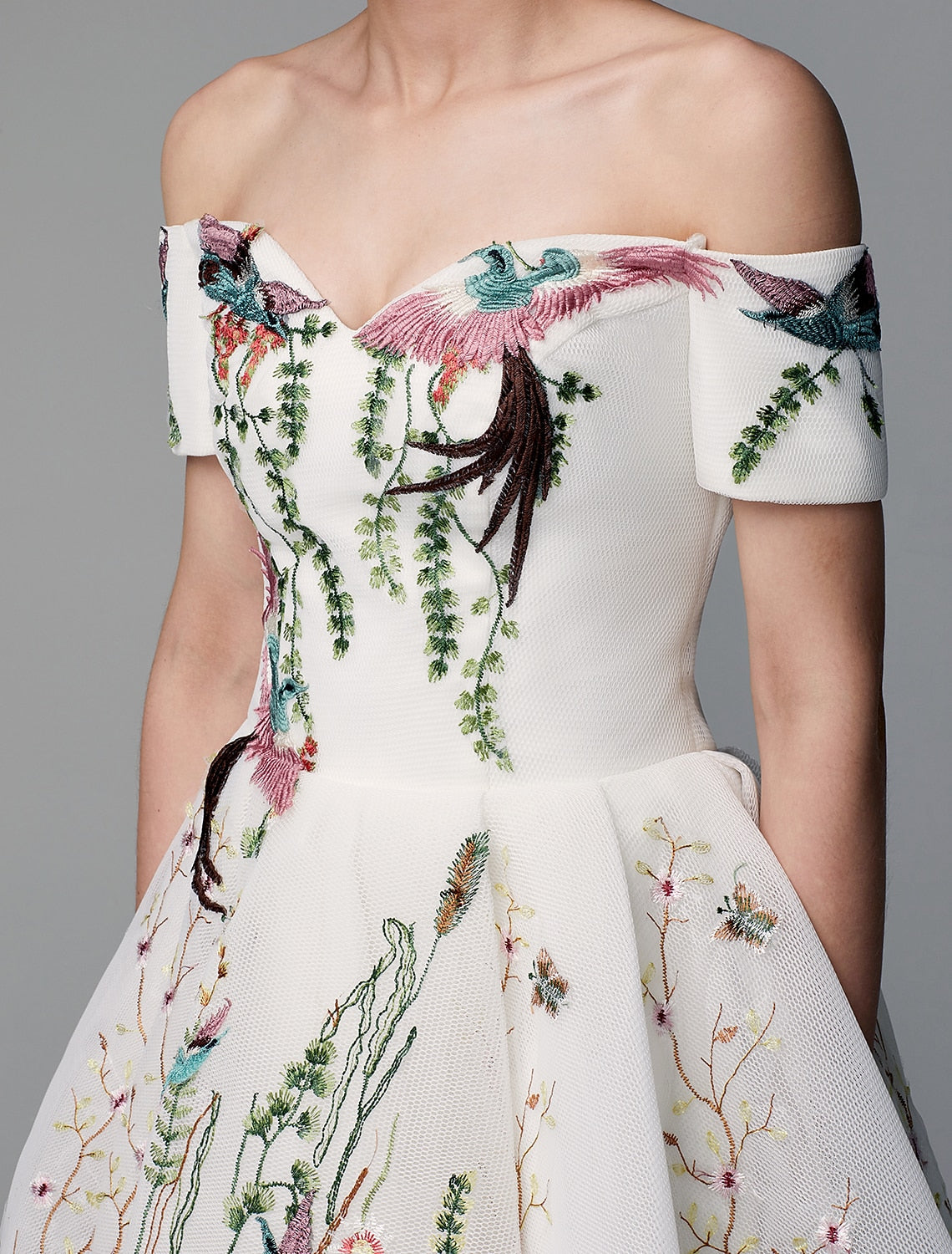 Wholesale Ball Gown Cute Dress Wedding Guest Cocktail Party Asymmetrical Short Sleeve Off Shoulder Polyester with Embroidery