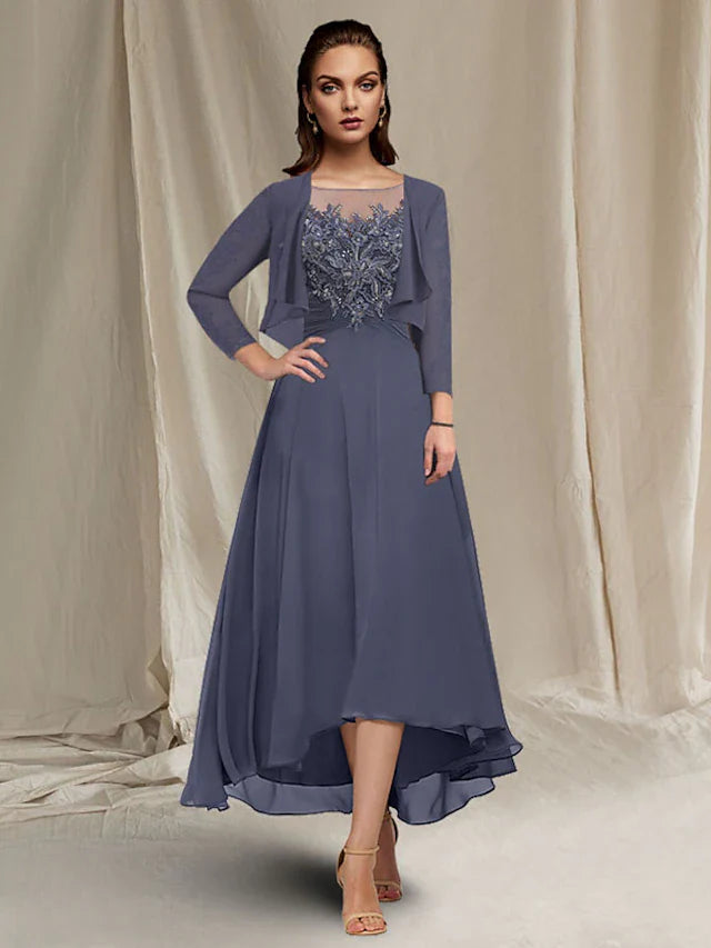 Wholesale A-Line Mother of the Bride Dress Elegant High Low Jewel Neck Asymmetrical Tea Length Chiffon Lace Short Sleeve Wrap Included with Ruched Sequin Appliques