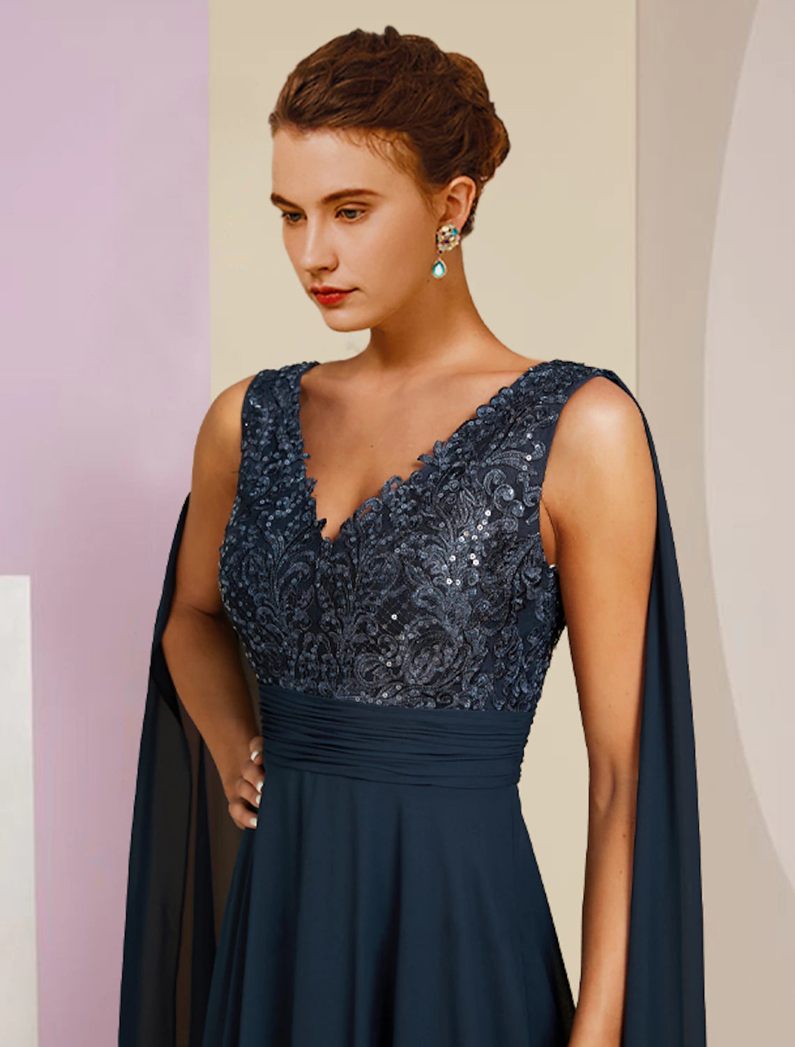 Wholesale  Sheath / Column Mother of the Bride Dress Formal Party Elegant V Neck Floor Length Chiffon Lace Sleeveless with Pleats Sequin