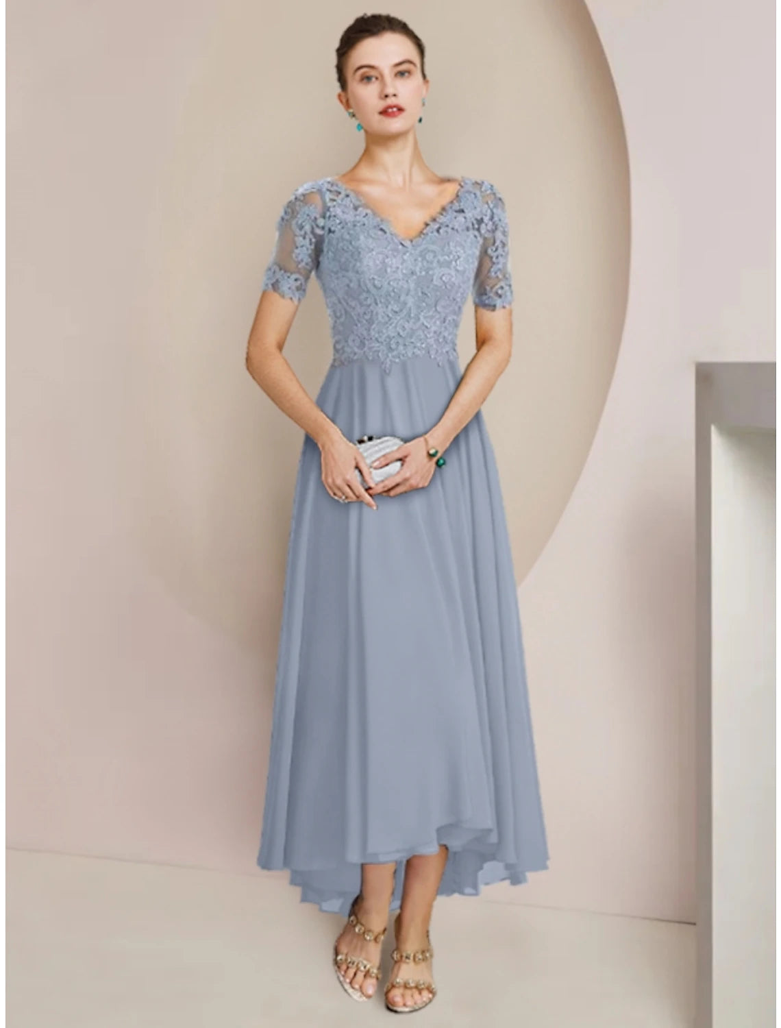 Wholesale  Sheath / Column Mother of the Bride Dress Wedding Guest Vintage Elegant V Neck Asymmetrical Ankle Length Chiffon Lace Half Sleeve with Pleats Solid