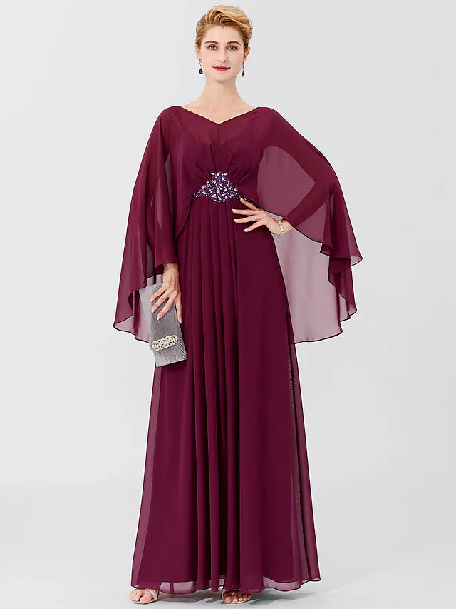 Wholesale Sheath / Column Mother of the Bride Dress Formal Classic & Timeless Elegant & Luxurious Elegant V Neck Floor Length Chiffon Long Sleeve with Pleats Beading