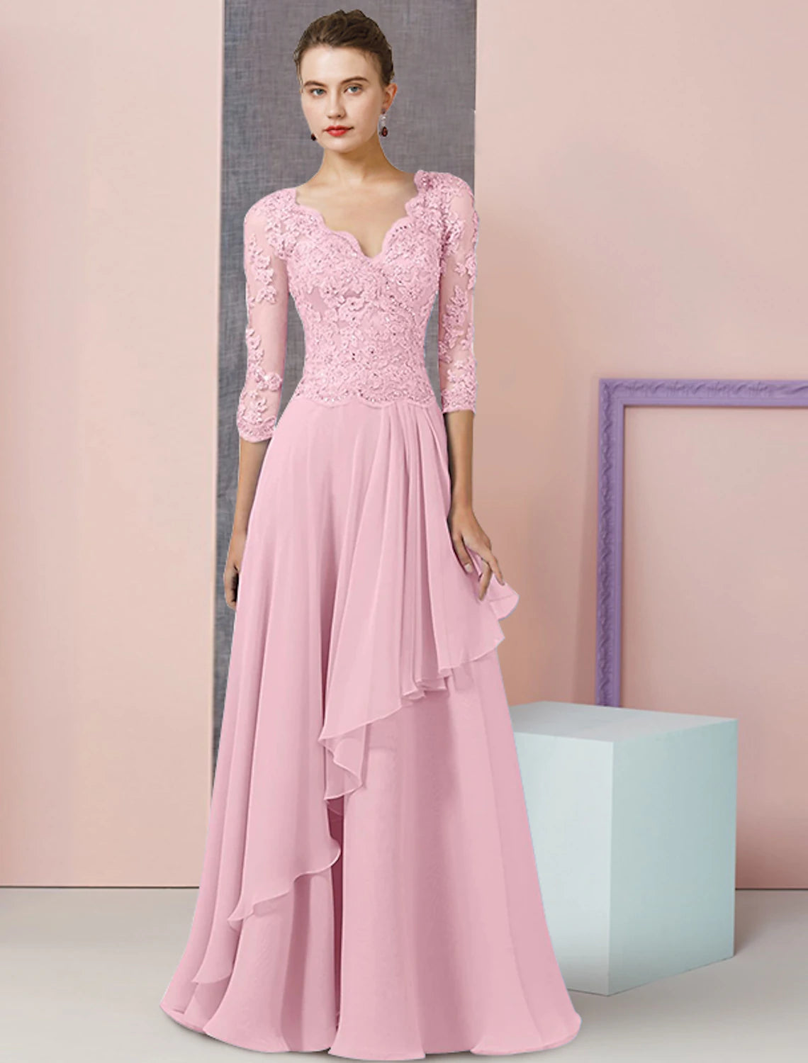 Wholesale  Two Piece A-Line Mother of the Bride Dress Formal Wedding Guest Party Elegant V Neck Floor Length Chiffon Lace Half Sleeve Wrap Included with Beading Sequin Appliques