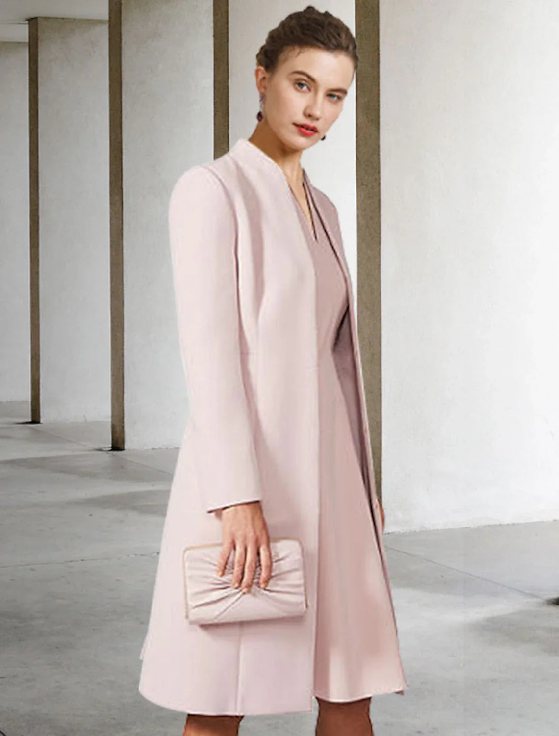 Wholesale Two Piece A-Line Mother of the Bride Dress Wedding Guest Church Elegant V Neck Knee Length Chiffon Short Sleeve Jacket Dresses with Solid Color Fall