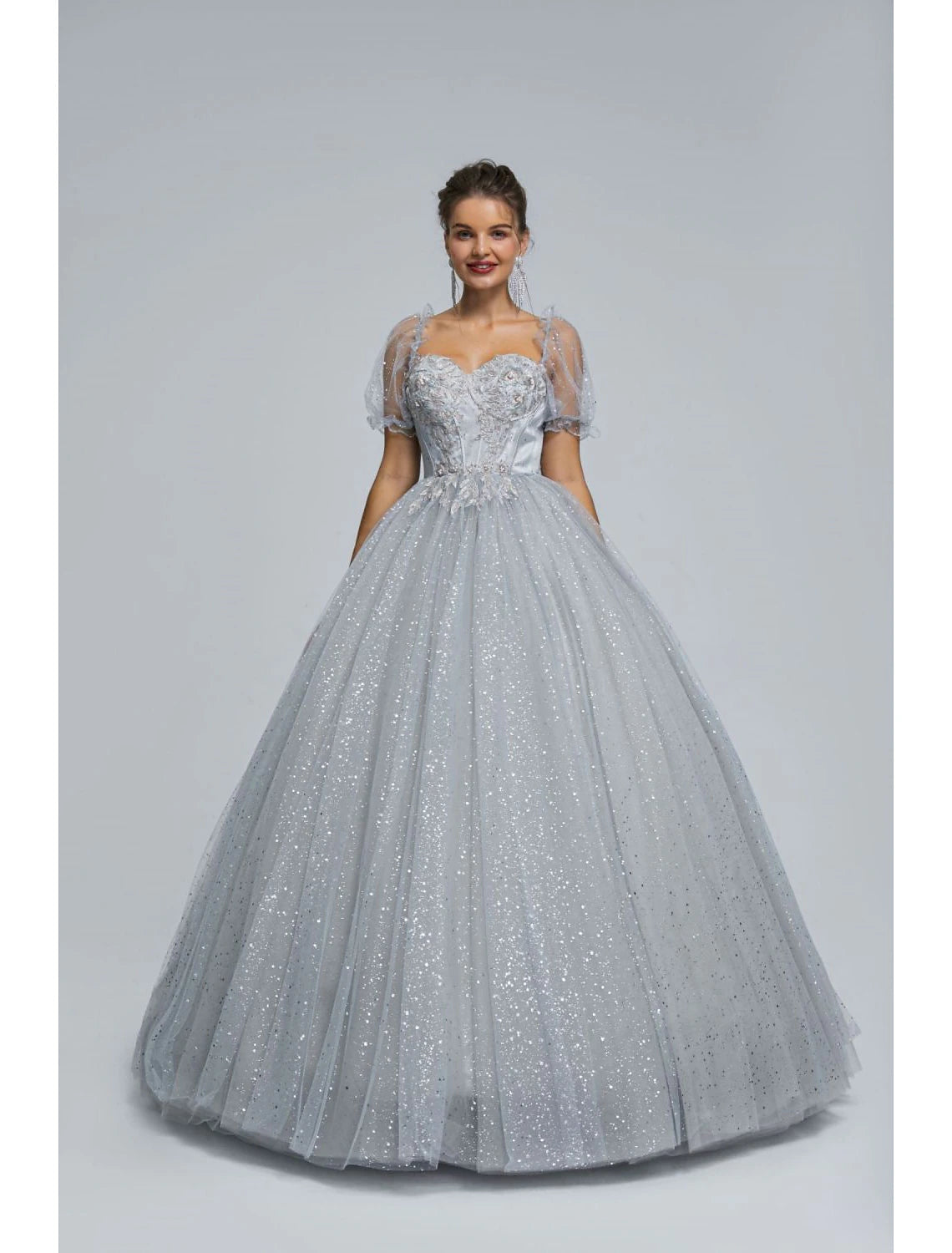 Wholesale  Ball Gown Prom Dresses Princess Dress Graduation Quinceanera Floor Length Short Sleeve Sweetheart Tulle with Sequin Appliques