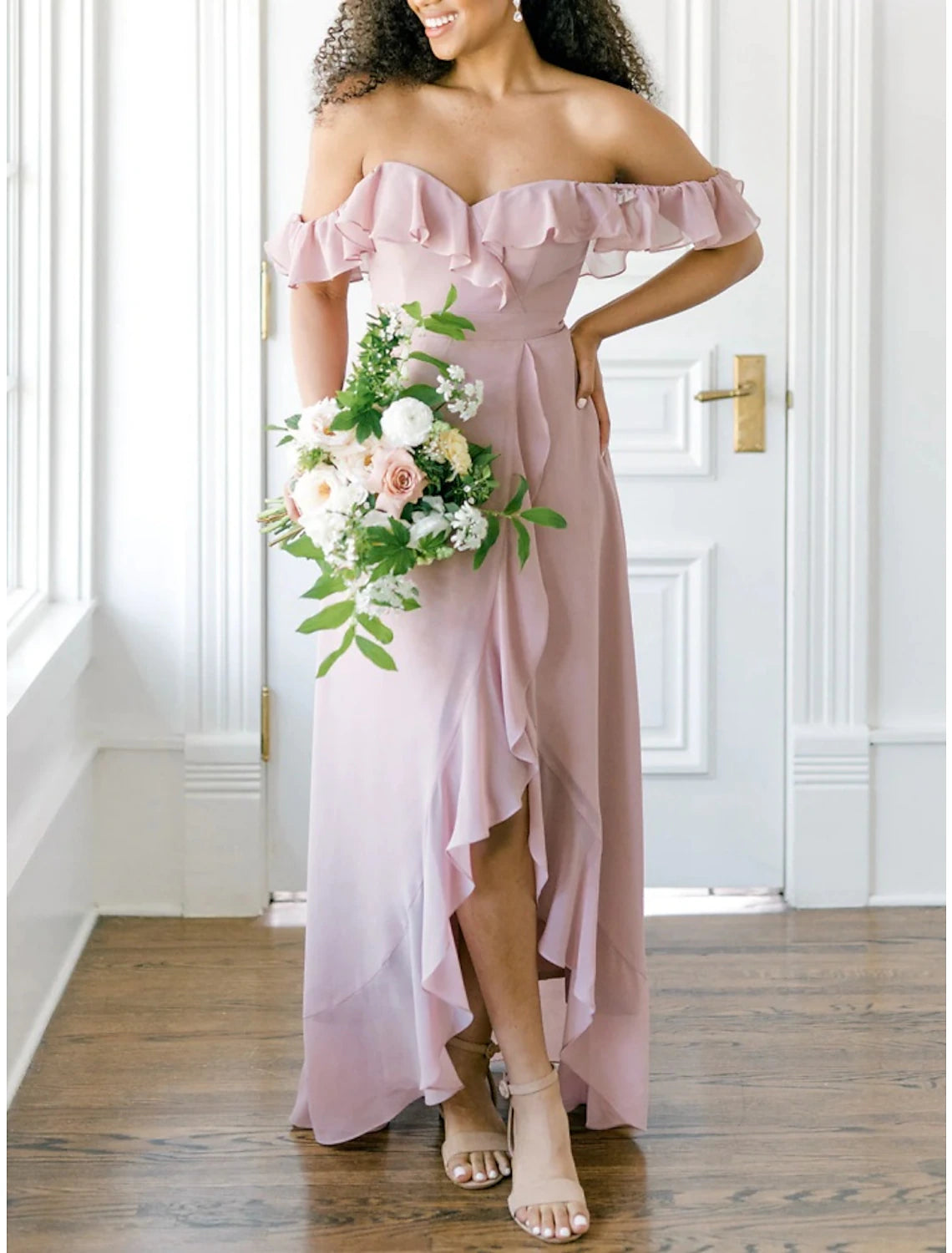 Wholesale A-Line Bridesmaid Dress Off Shoulder Short Sleeve Elegant Asymmetrical Chiffon with Ruffles / Split Front / Ruching