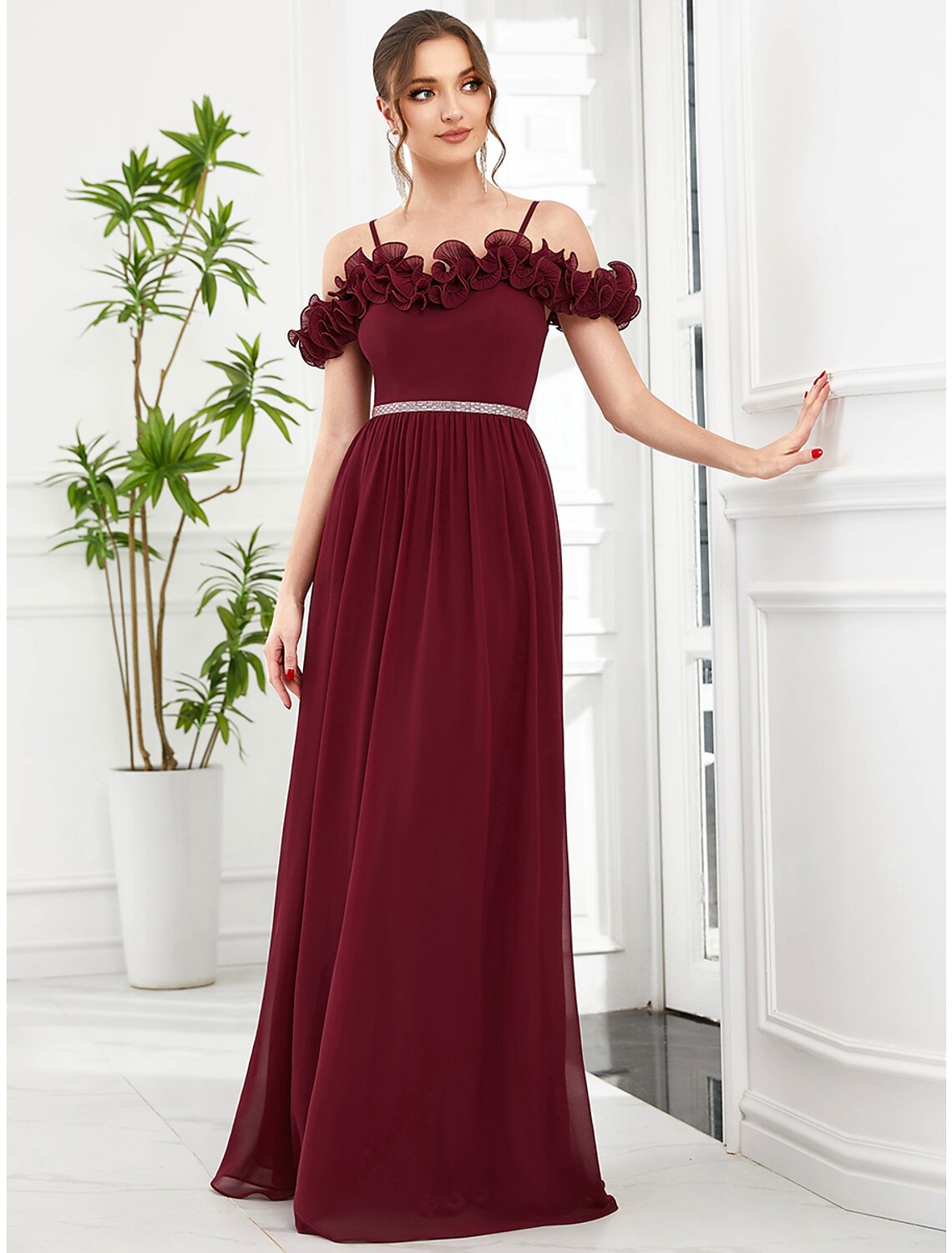 Wholesale  A-Line Prom Dresses Vintage Dress Wedding Guest Birthday Floor Length Sleeveless Off Shoulder Bridesmaid Dress Chiffon with Appliques Shouder Flower