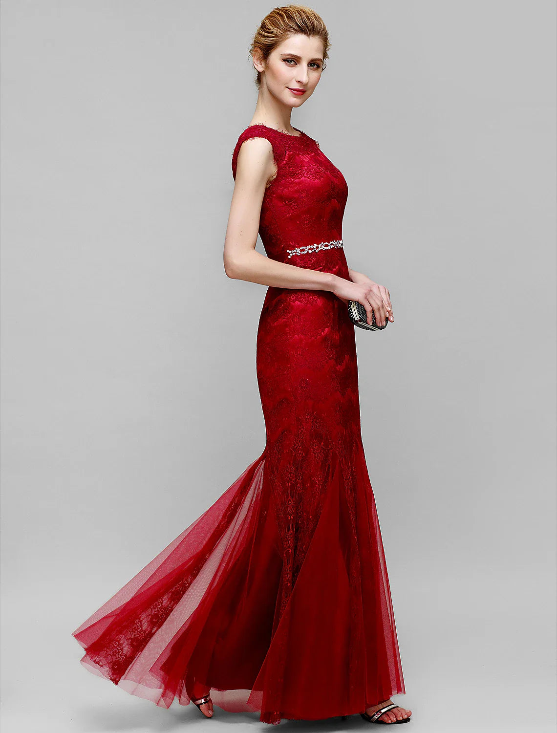 Wholesale Mermaid / Trumpet Mother of the Bride Dress Jewel Neck Ankle Length Lace Tulle Sleeveless No with Lace Crystals