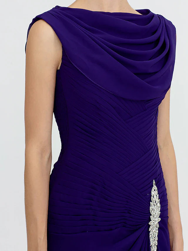 Wholesale Sheath / Column Mother of the Bride Dress Color Block Lace Up Cowl Neck Ankle Length Chiffon Charmeuse Sleeveless with Criss Cross Beading