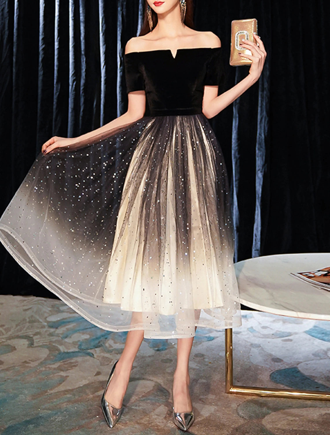 Wholesale A-Line Minimalist Gradient Party Wear Cocktail Party Dress Off Shoulder Short Sleeve Tea Length Tulle with Sequin