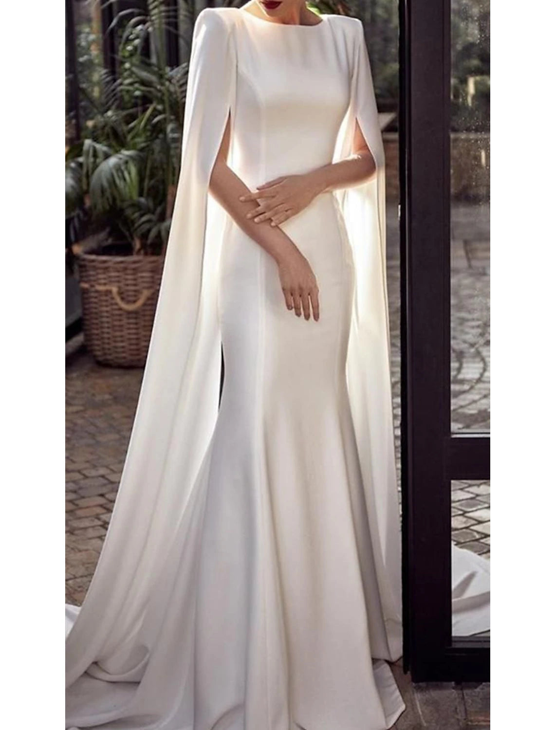 Wholesale Mermaid Party Dress Evening Gown Maxi Dress Formal Wedding Guest Court Train Sleeveless Jewel Neck Capes Stretch Chiffon with Shawl