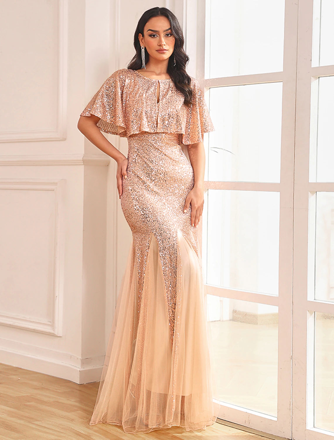 Wholesale Two Piece Mermaid / Trumpet Party Dresses Sparkle & Shine Dress Prom Wedding Party Floor Length Sleeveless V Neck Capes Tulle V Back with Sequin