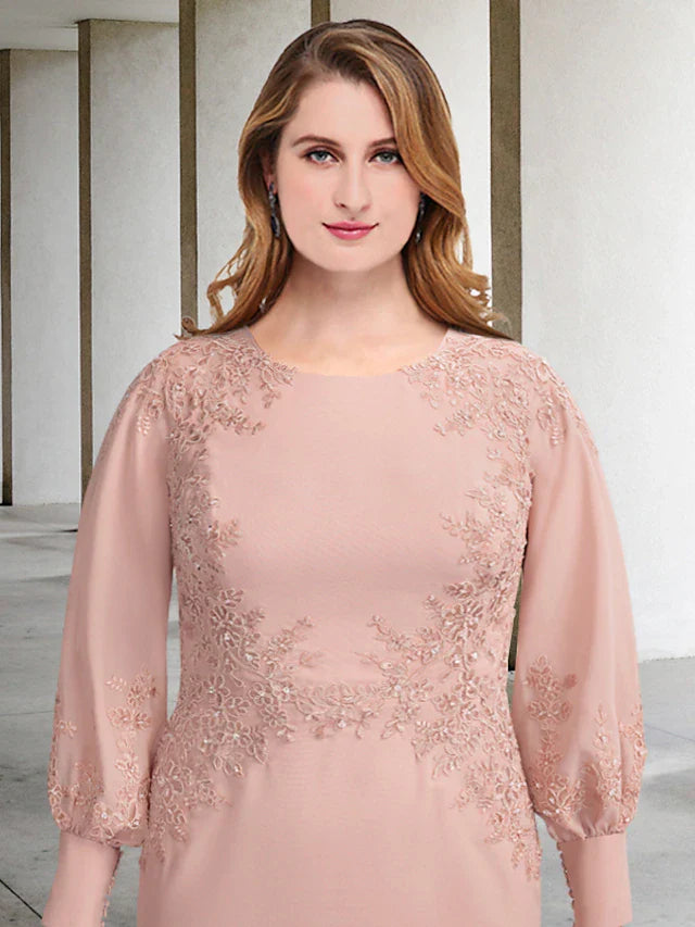 Wholesale Sheath / Column Plus Size Curve Mother of the Bride Dresses Elegant Dress Formal Tea Length Long Sleeve Jewel Neck Chiffon with Appliques