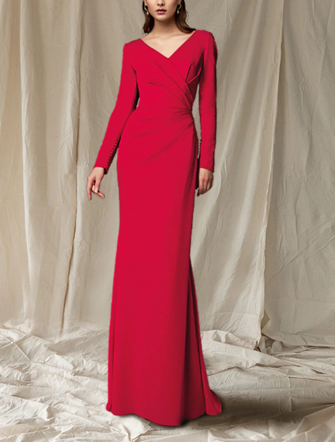 Wholesale Mermaid / Trumpet Mother of the Bride Dress Elegant V Neck Sweep / Brush Train Stretch Fabric Long Sleeve with Buttons Side-Draped