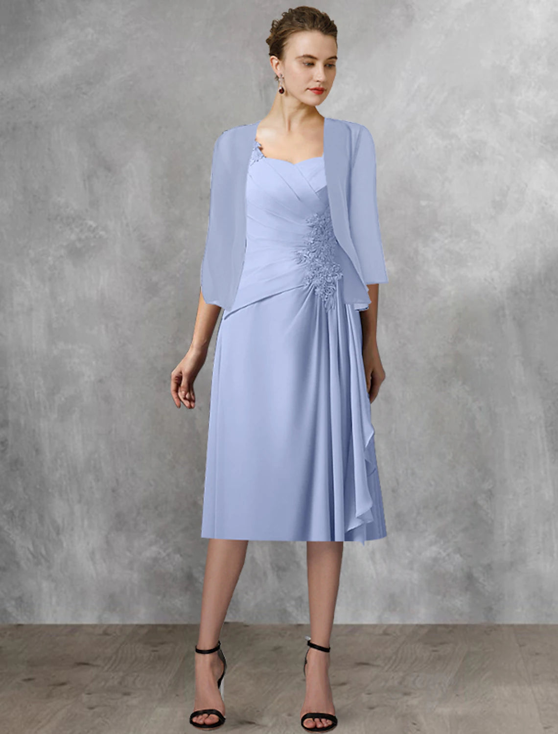 Wholesale  Two Piece A-Line Mother of the Bride Dress Wedding Guest Elegant Square Neck Tea Length Chiffon Lace Half Sleeve Wrap Included with Appliques Side-Draped