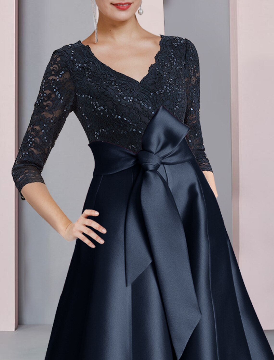 Wholesale  A-Line Mother of the Bride Dress Wedding Guest Vintage Elegant V Neck Tea Length Satin Lace 3/4 Length Sleeve with Bow(s) Pleats Sequin