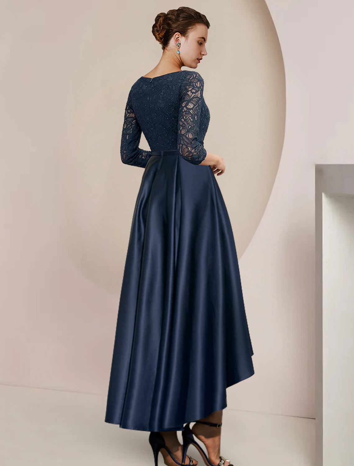 Wholesale  A-Line Mother of the Bride Dress Formal Wedding Guest Elegant High Low Scoop Neck Asymmetrical Tea Length Satin Lace 3/4 Length Sleeve with Pleats Beading