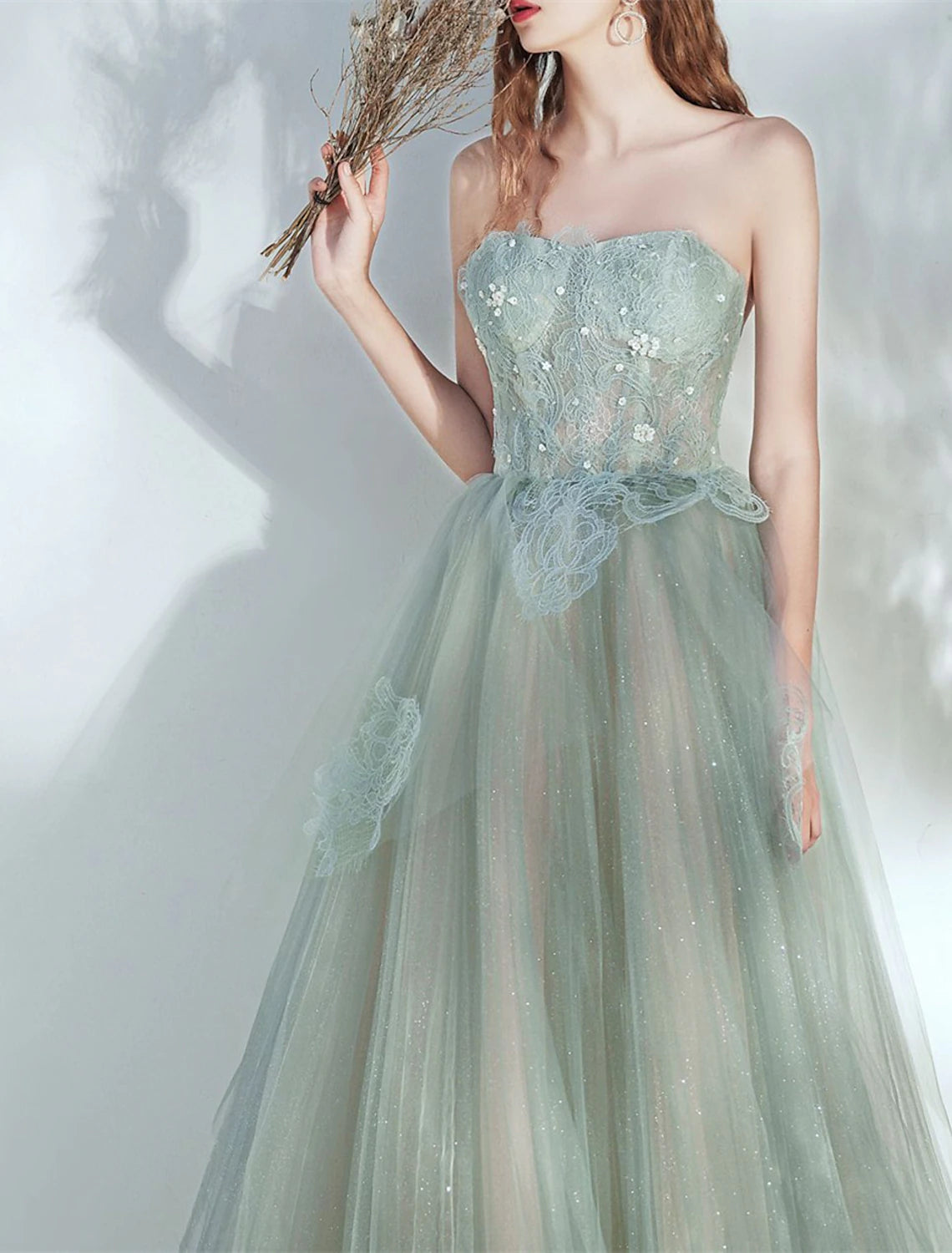 Wholesale A-Line Party Dresses Glittering Dress Prom Birthday Floor Length Sleeveless Strapless Tulle with Glitter