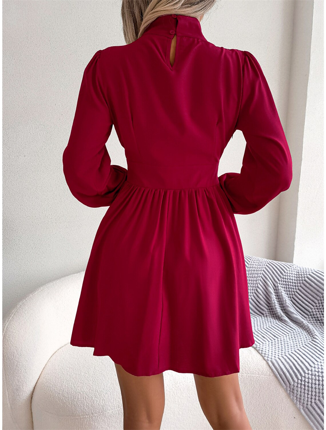 Wholesale Women‘s Christmas Party Dress Cut Out Dress Cocktail Dress Mini Dress Black White Wine Long Sleeve Pure Color Ruched Spring Fall Winter Stand Collar Fashion Wedding Guest Birthday Vacation
