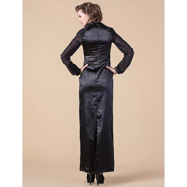 Wholesale Sheath / Column Mother of the Bride Dress Queen Anne Floor Length Chiffon Stretch Satin Long Sleeve with Sash / Ribbon Beading Side Draping