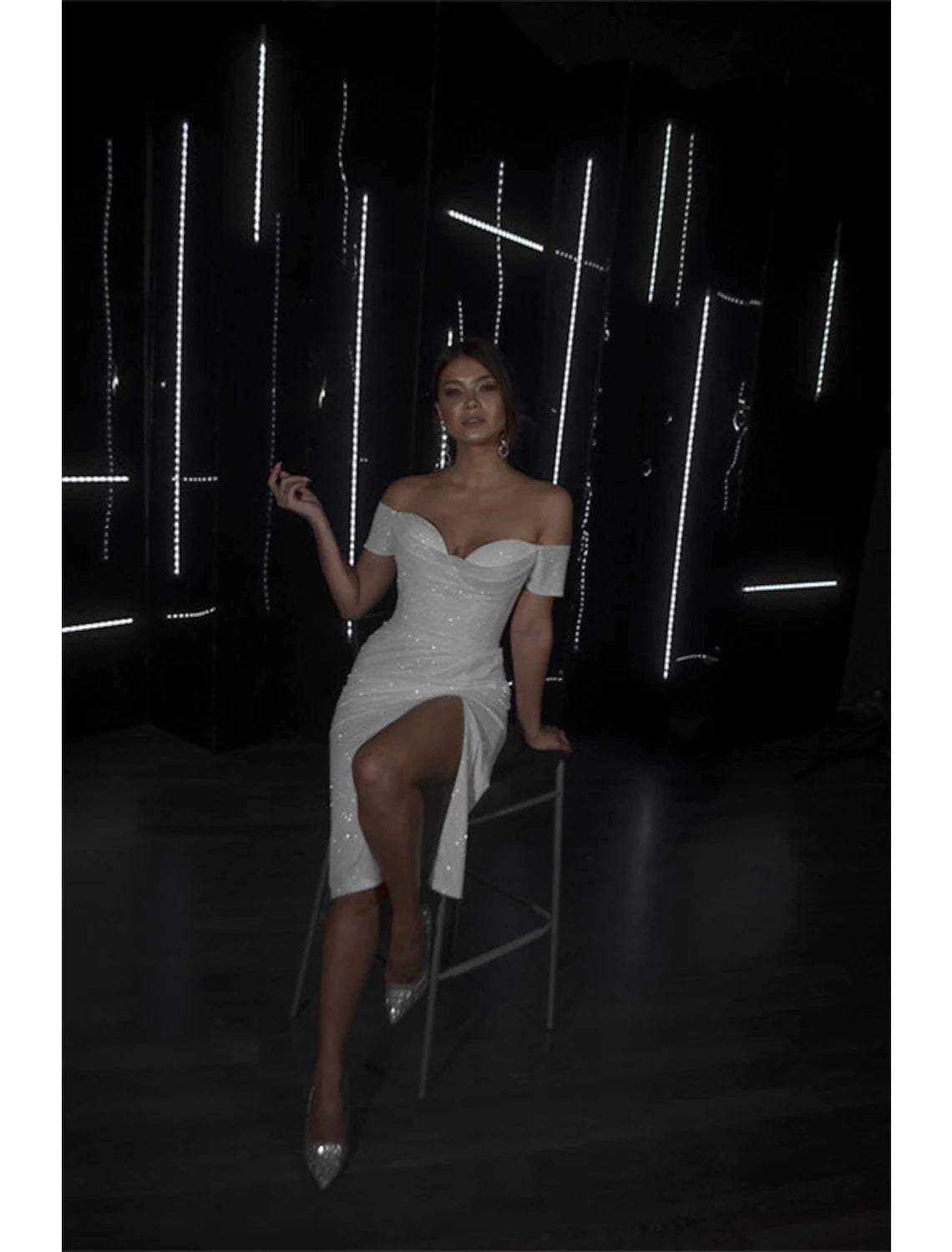 Wholesale Bachelorette Party Sparkle & Shine Little White Dresses Wedding Dresses Sheath / Column Off Shoulder Cap Sleeve Tea Length Sequined Bridal Gowns With Ruched Split Front